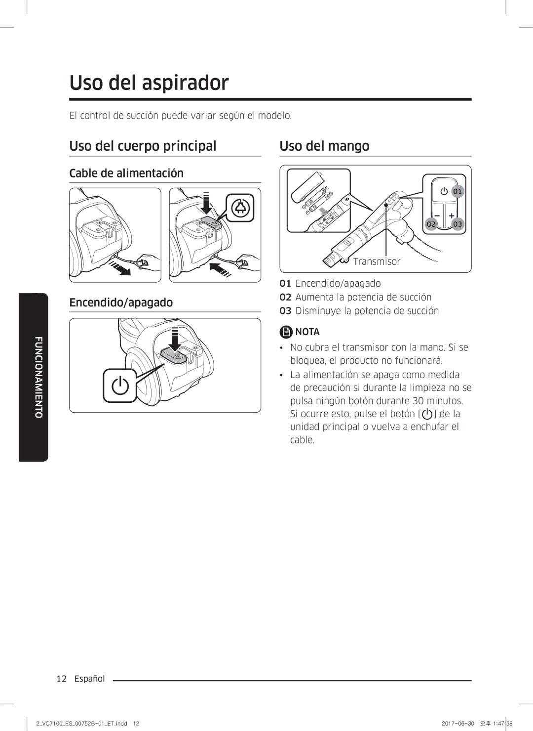 Samsung VC05K71F0HB/ET, VC04K71G0HC/ET manual Uso del aspirador, Uso del cuerpo principal, Uso del mango 