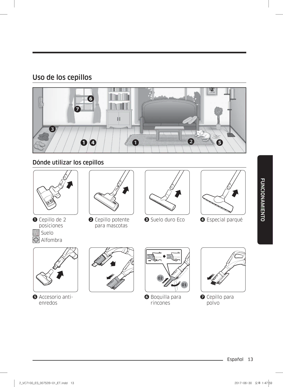 Samsung VC04K71G0HC/ET, VC05K71F0HB/ET manual Uso de los cepillos, Dónde utilizar los cepillos 