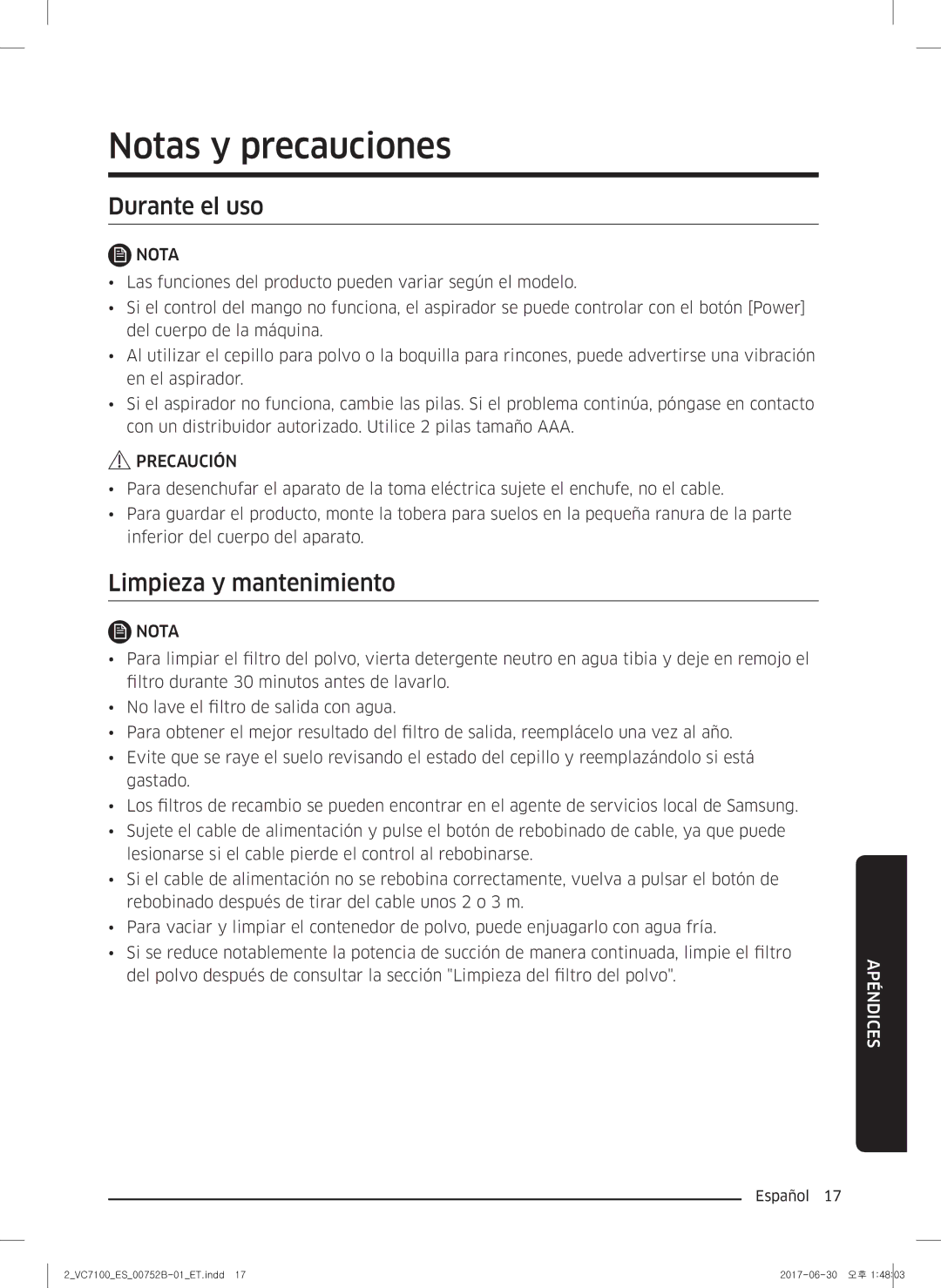 Samsung VC04K71G0HC/ET, VC05K71F0HB/ET manual Notas y precauciones, Durante el uso, Limpieza y mantenimiento 