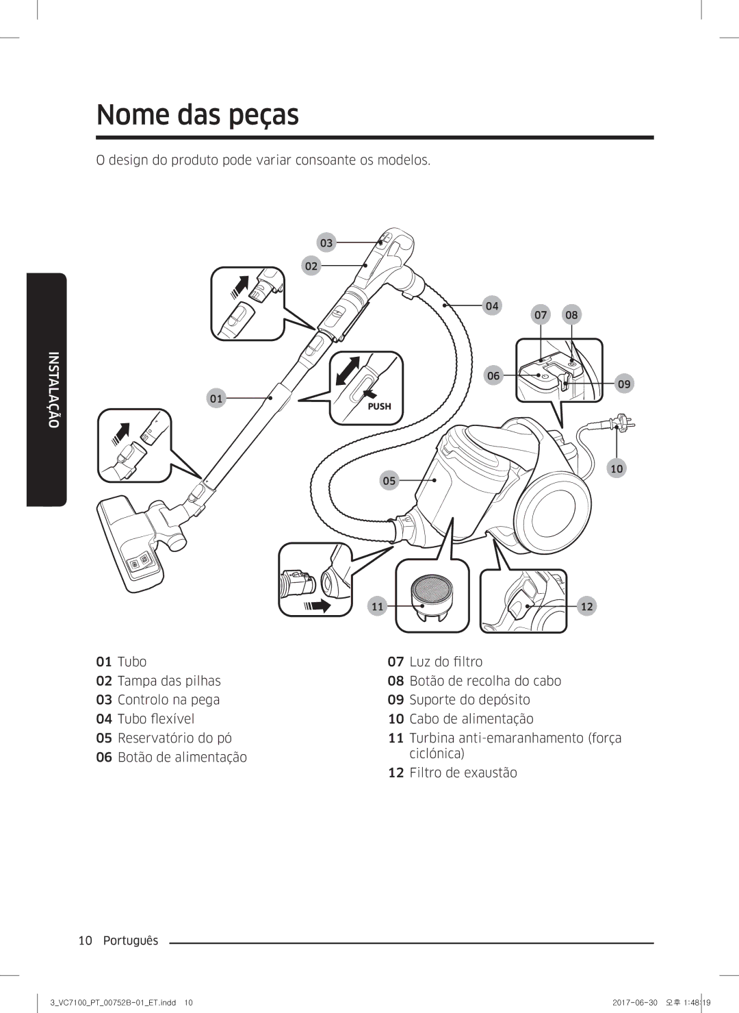 Samsung VC05K71F0HB/ET, VC04K71G0HC/ET manual Nome das peças, Instalação 