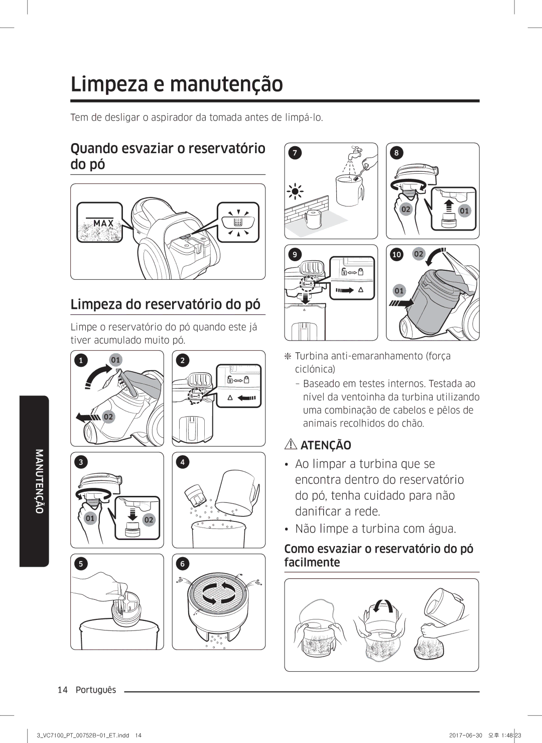 Samsung VC05K71F0HB/ET, VC04K71G0HC/ET manual Limpeza e manutenção 