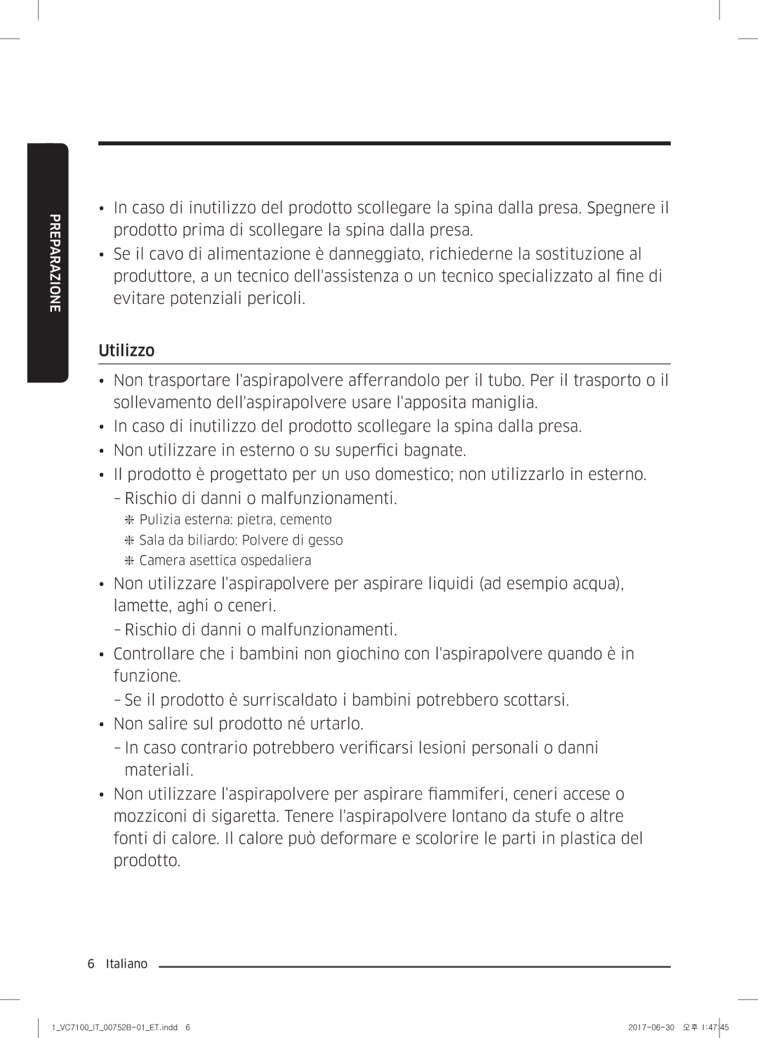 Samsung VC05K71F0HB/ET, VC04K71G0HC/ET manual Preparazione 