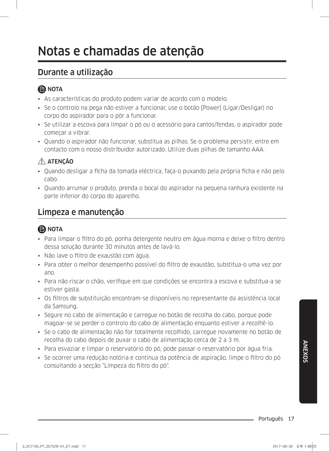 Samsung VC04K71G0HC/ET, VC05K71F0HB/ET manual Notas e chamadas de atenção, Durante a utilização, Limpeza e manutenção 