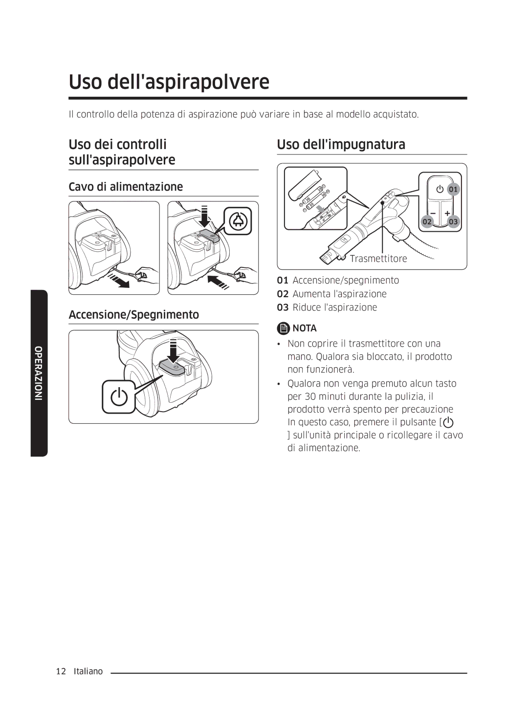 Samsung VC05K71F0HB/ET, VC04K71G0HC/ET Uso dellaspirapolvere, Uso dei controlli sullaspirapolvere, Uso dellimpugnatura 