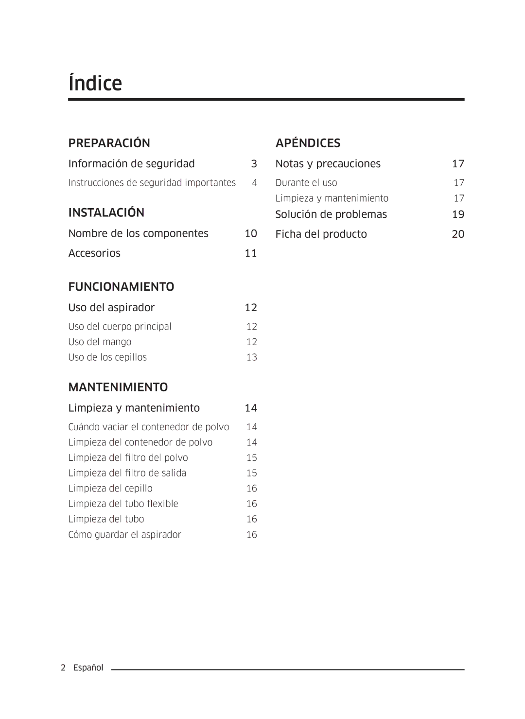 Samsung VC05K71F0HB/ET, VC04K71G0HC/ET manual Índice, Preparación Apéndices 