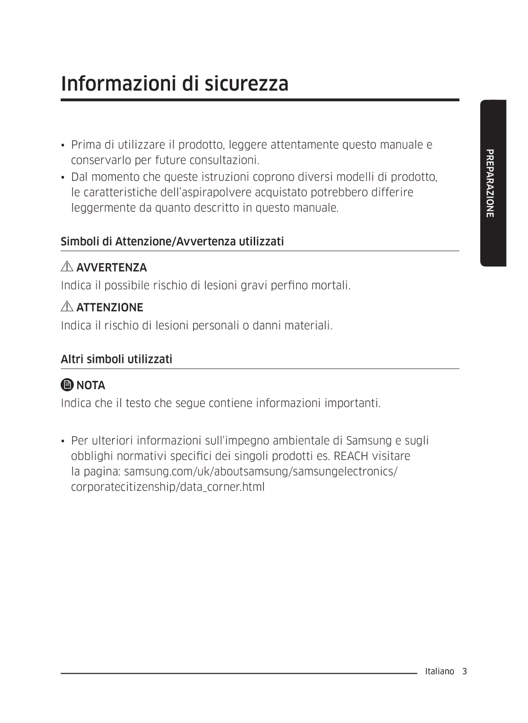 Samsung VC04K71G0HC/ET, VC05K71F0HB/ET manual Informazioni di sicurezza, Nota 