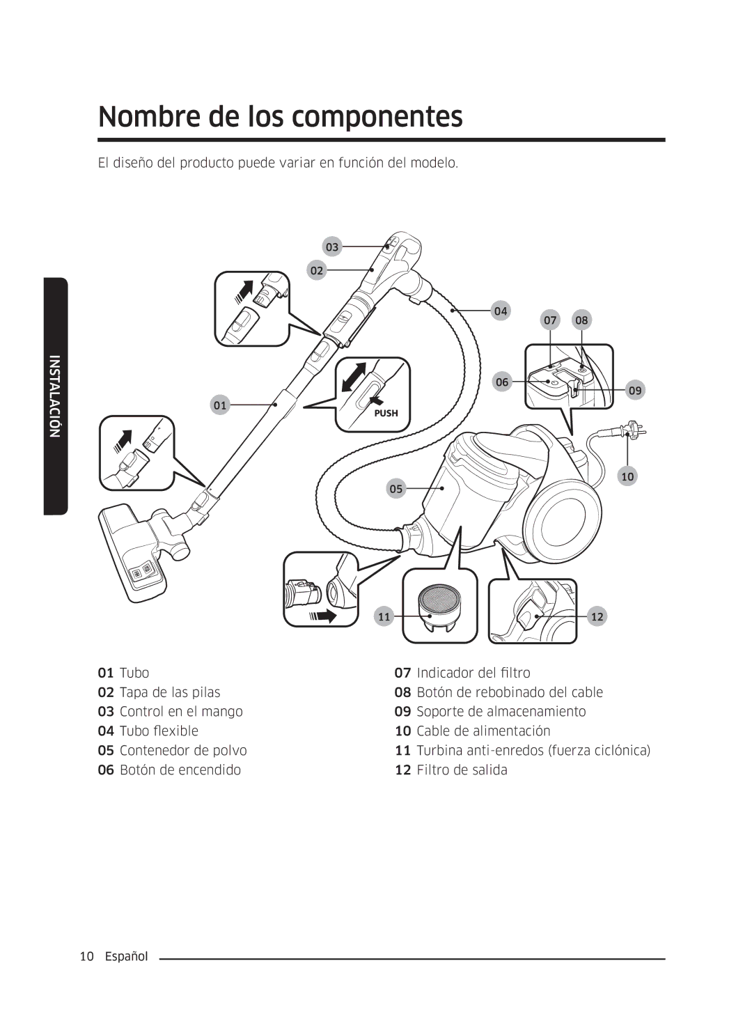 Samsung VC05K71F0HB/ET, VC04K71G0HC/ET manual Nombre de los componentes, Instalación 