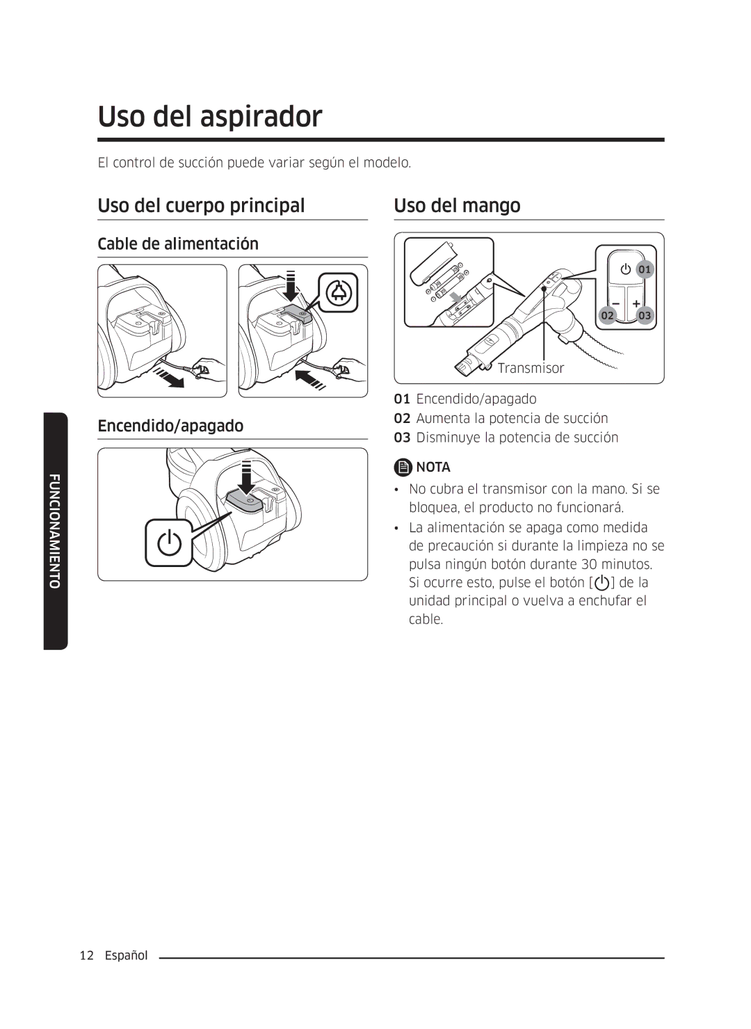 Samsung VC05K71F0HB/ET, VC04K71G0HC/ET manual Uso del aspirador, Uso del cuerpo principal, Uso del mango 