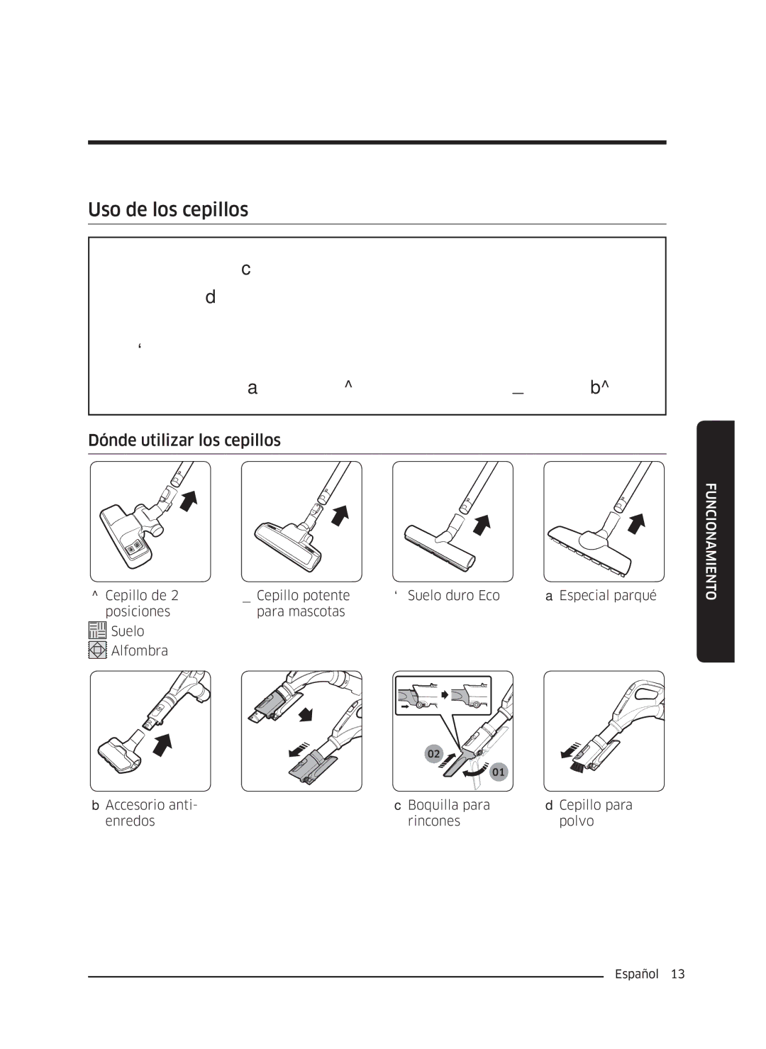 Samsung VC04K71G0HC/ET, VC05K71F0HB/ET manual Uso de los cepillos, Dónde utilizar los cepillos 