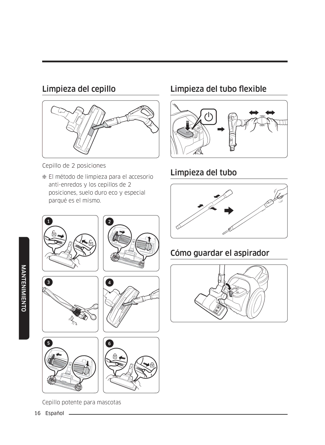 Samsung VC05K71F0HB/ET, VC04K71G0HC/ET manual Limpieza del cepillo Limpieza del tubo flexible, Cómo guardar el aspirador 