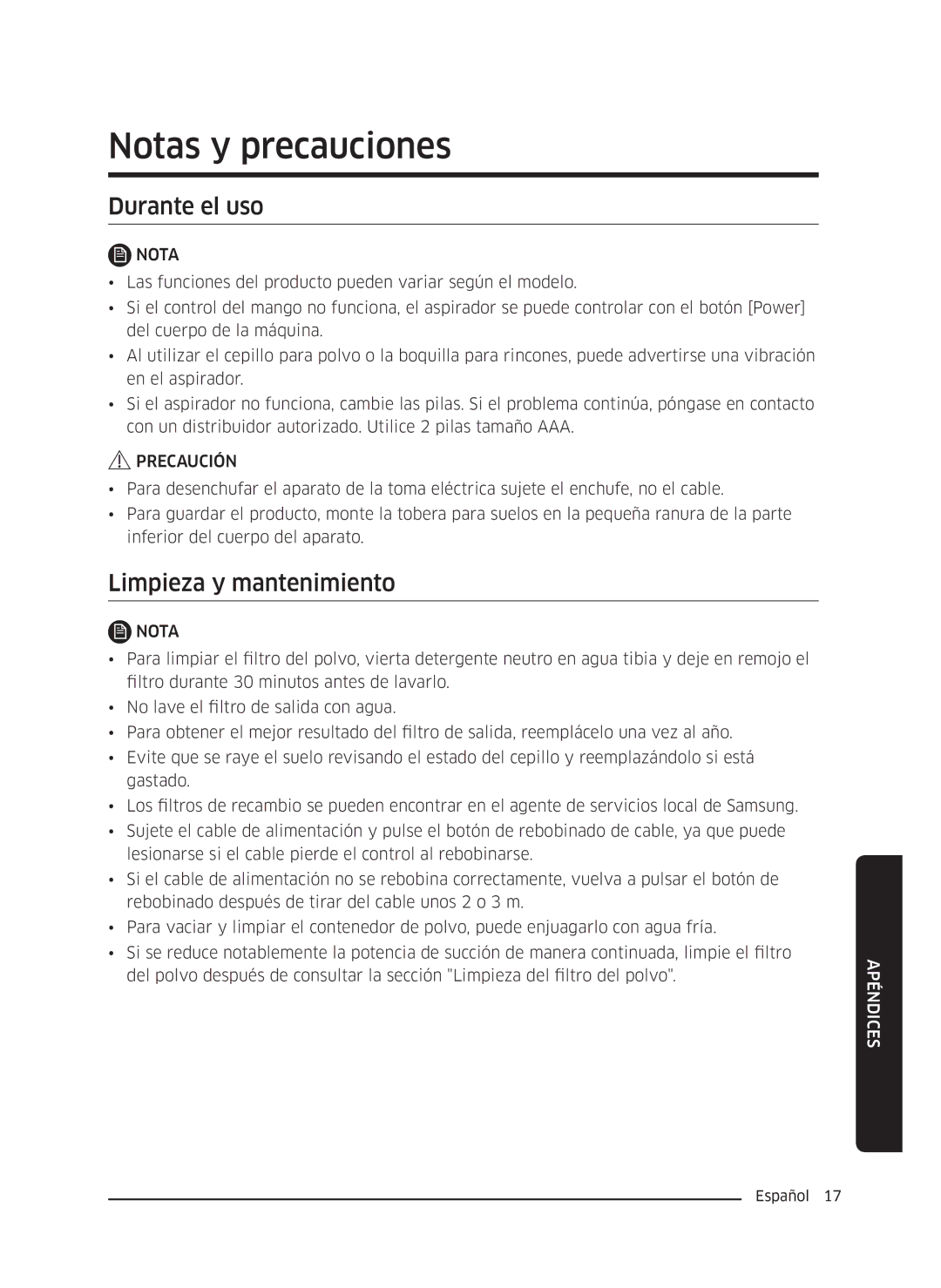 Samsung VC04K71G0HC/ET, VC05K71F0HB/ET manual Notas y precauciones, Durante el uso, Limpieza y mantenimiento 