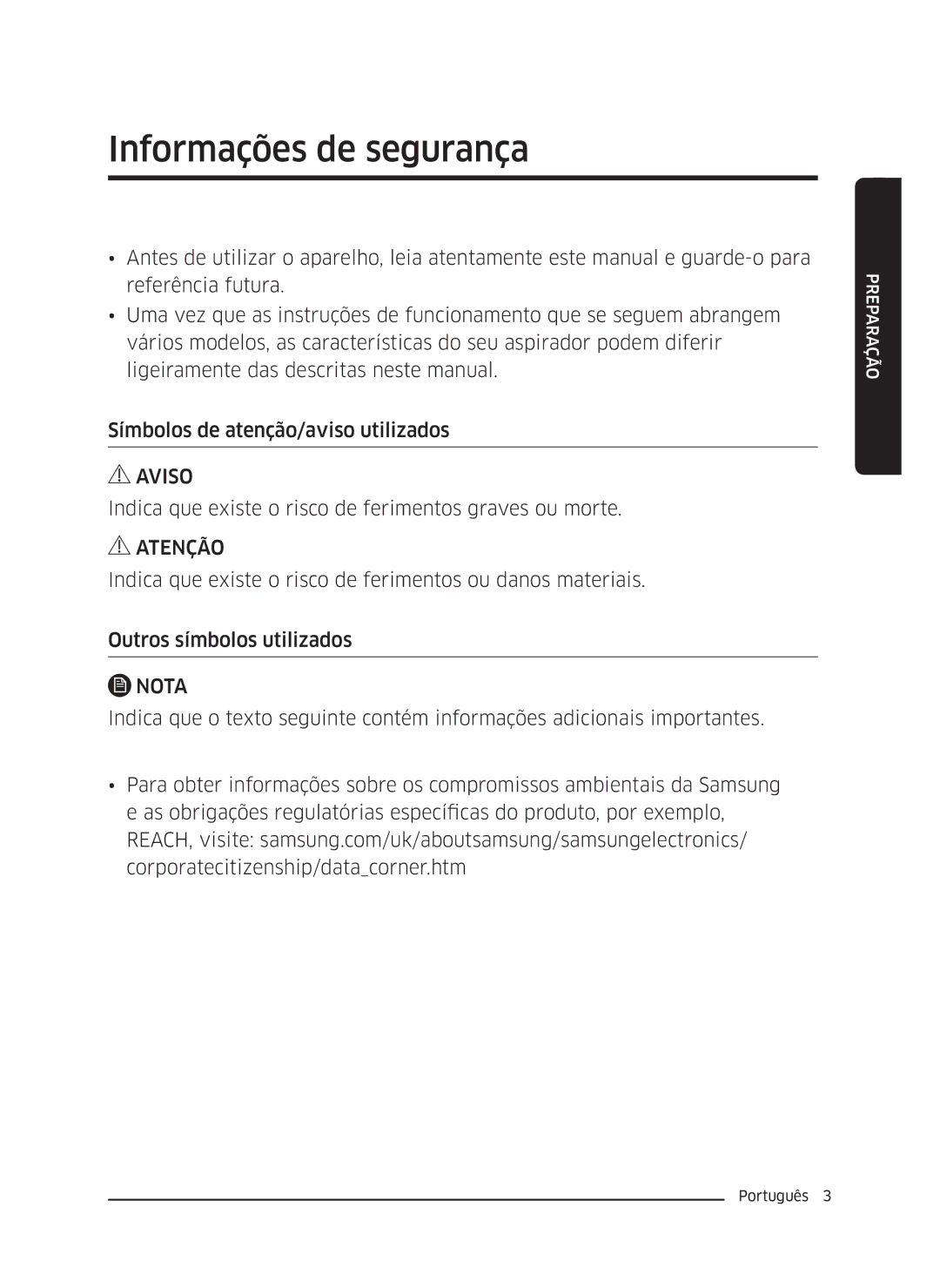 Samsung VC04K71G0HC/ET, VC05K71F0HB/ET manual Informações de segurança 