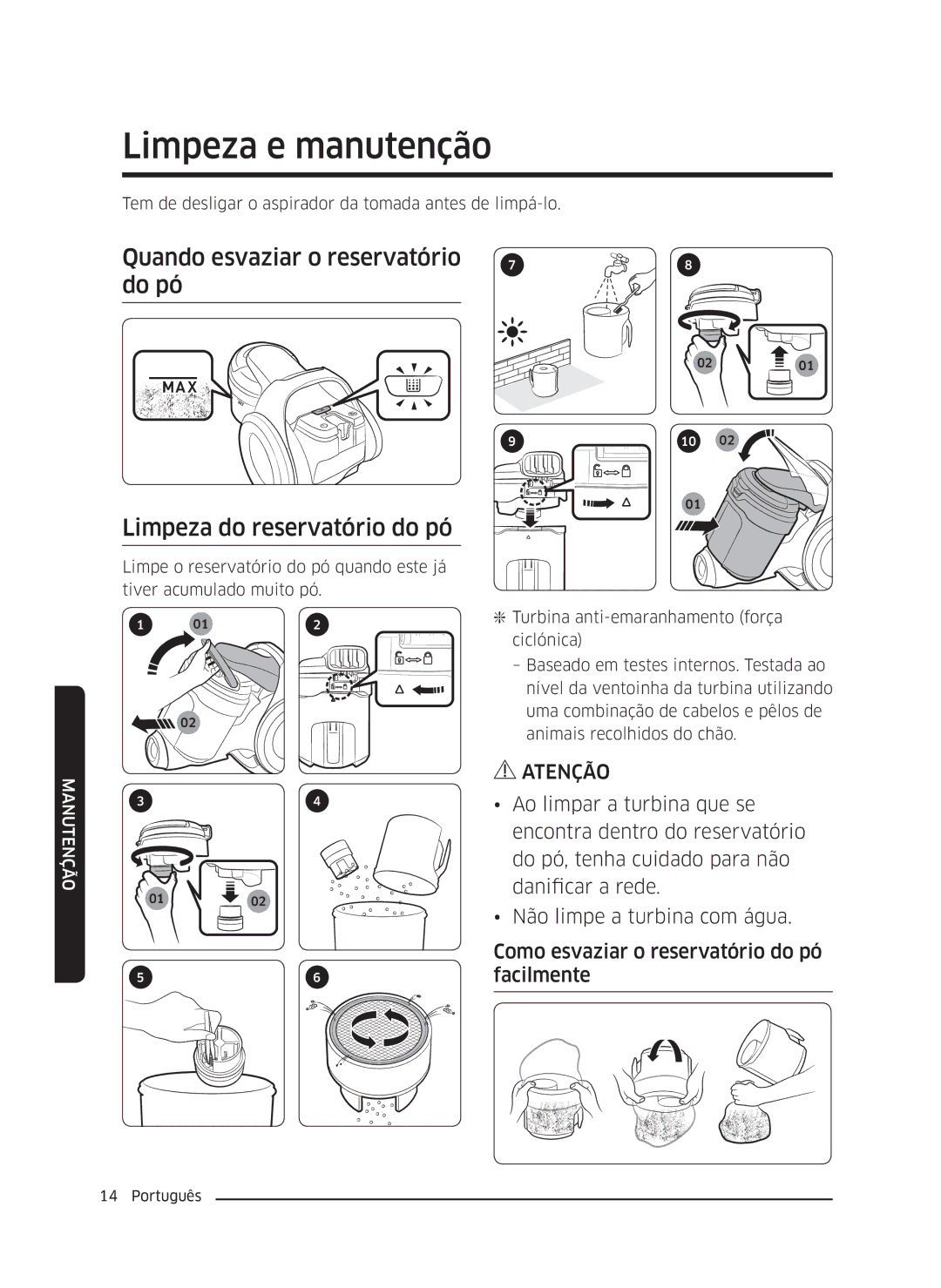 Samsung VC05K71F0HB/ET, VC04K71G0HC/ET manual Limpeza e manutenção 