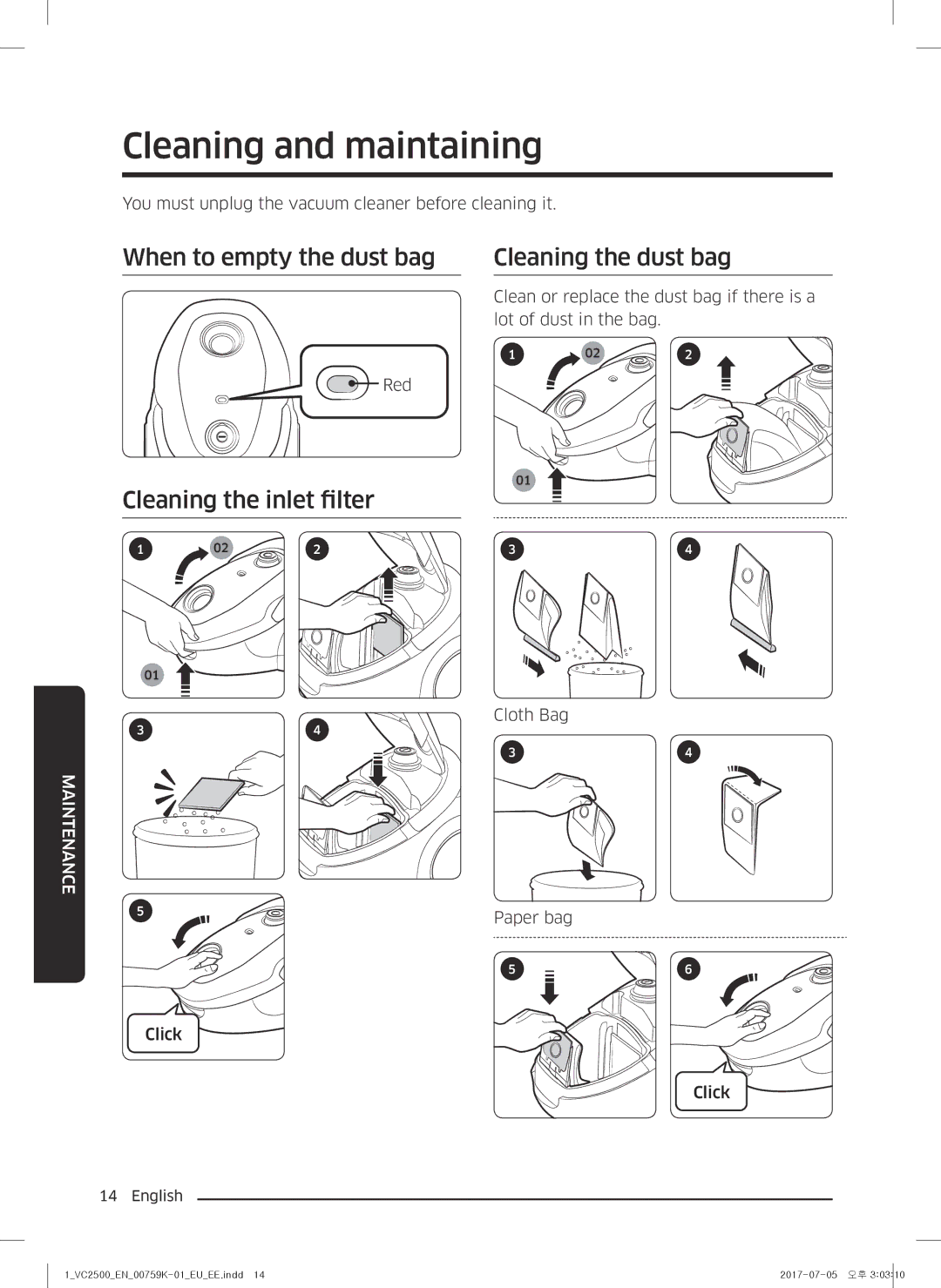 Samsung VC05M25E0WB/EE manual Cleaning and maintaining, When to empty the dust bag 