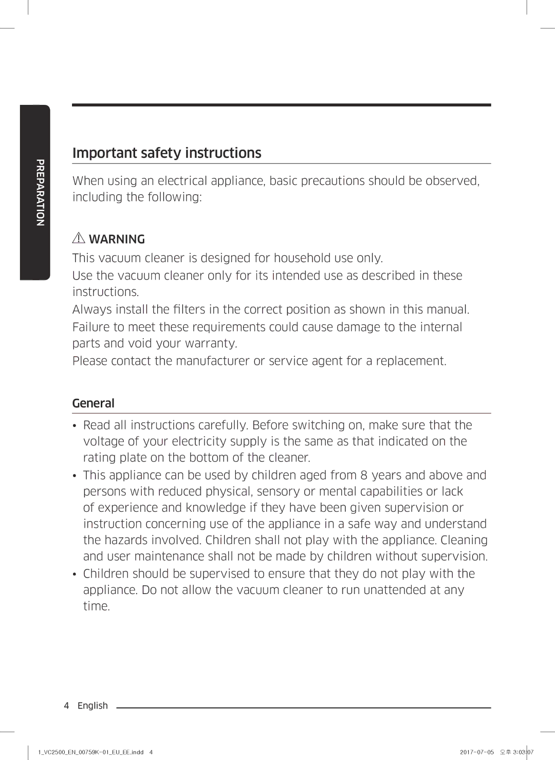 Samsung VC05M25E0WB/EE manual Important safety instructions 