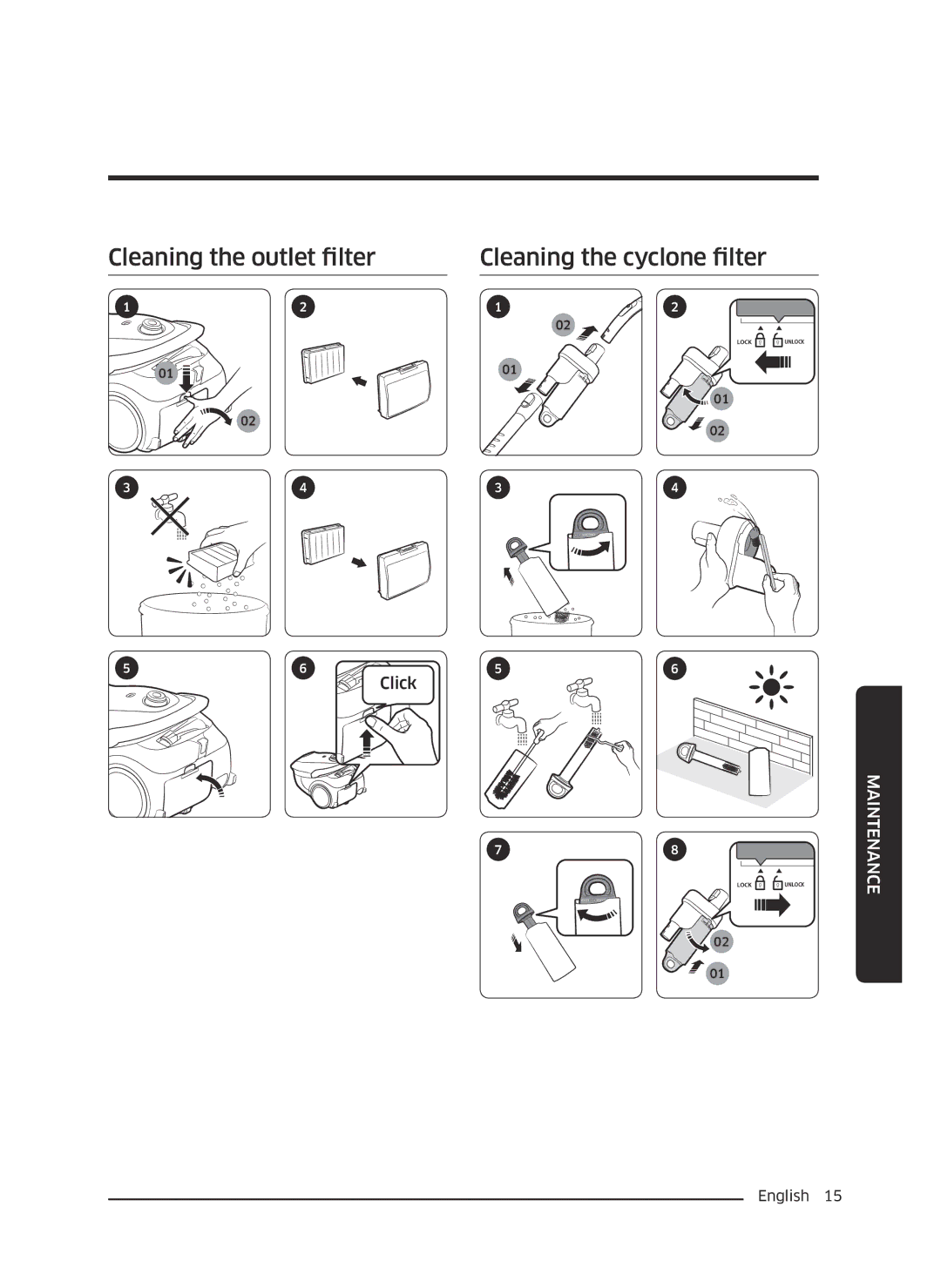 Samsung VC05M25E0WB/EE manual Cleaning the outlet filter Cleaning the cyclone filter 