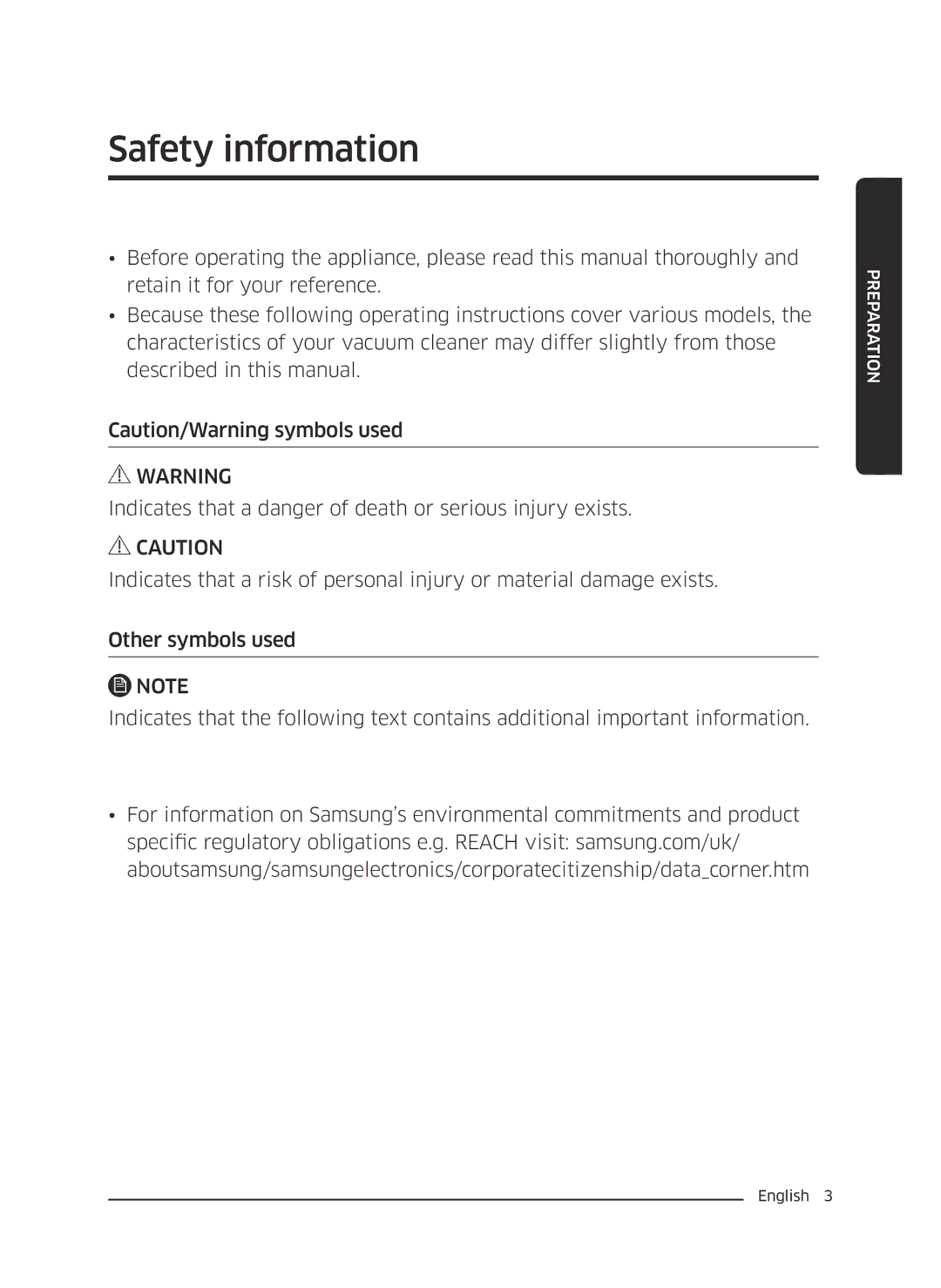 Samsung VC05M25E0WB/EE manual Safety information 