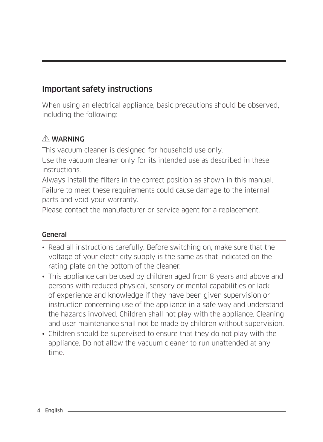 Samsung VC05M25E0WB/EE manual Important safety instructions 