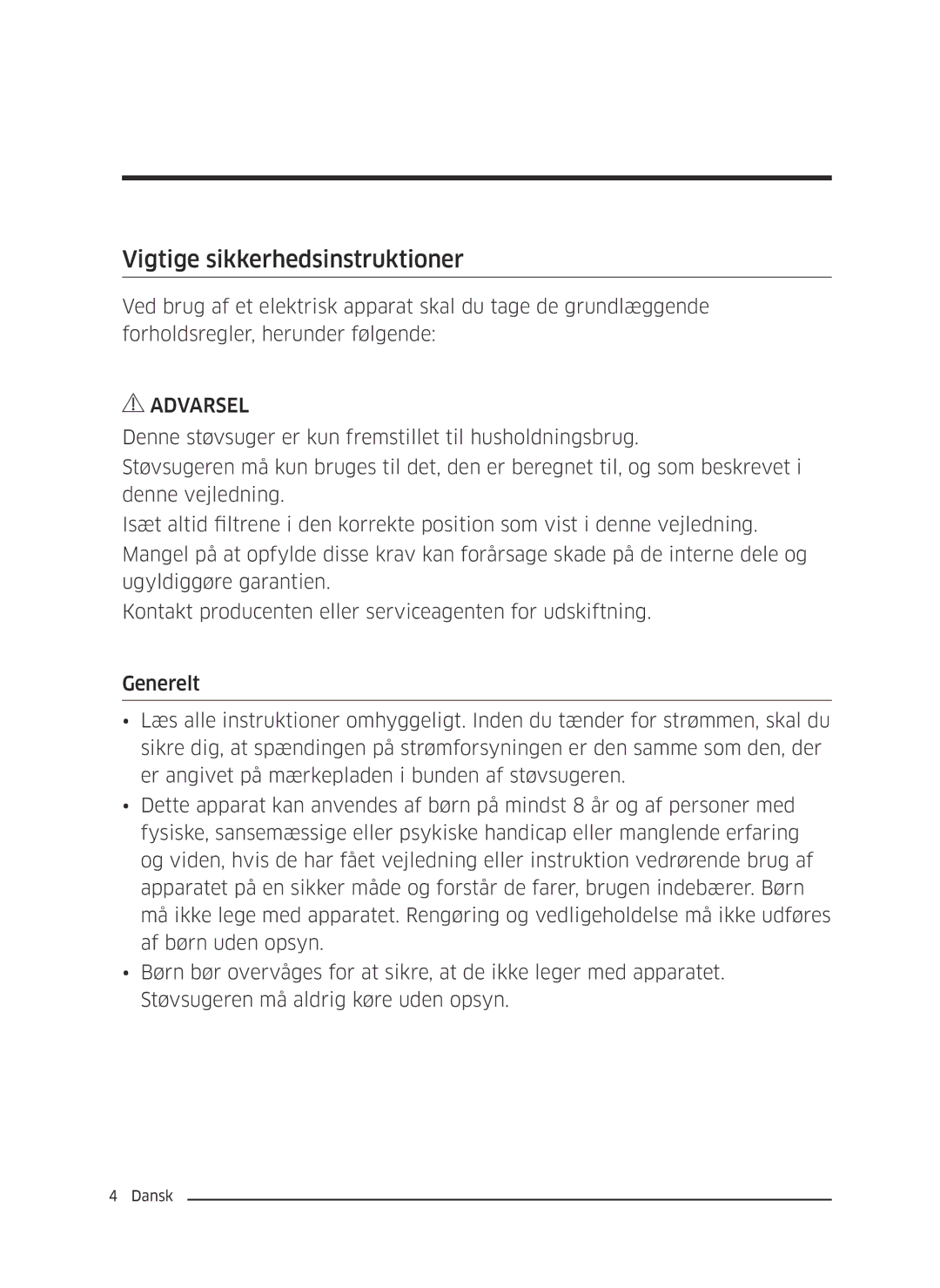 Samsung VC05M25E0WB/EE manual Vigtige sikkerhedsinstruktioner 