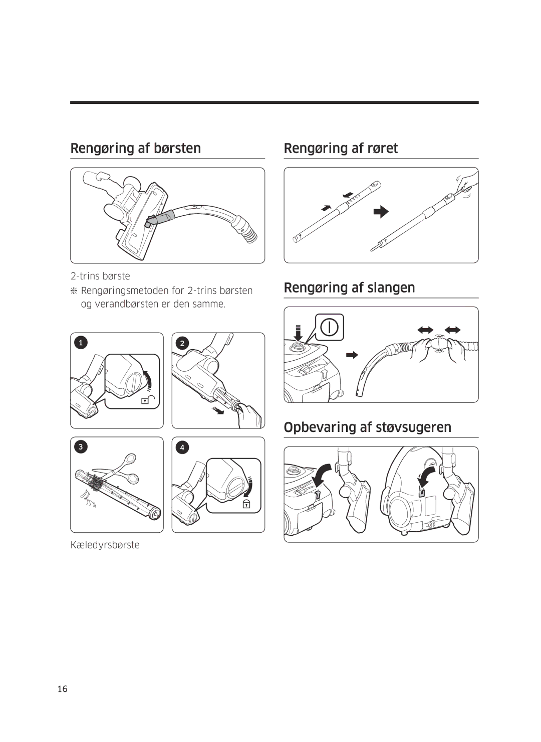 Samsung VC05M25E0WB/EE manual Rengøring af børsten Rengøring af røret, Rengøring af slangen, Opbevaring af støvsugeren 