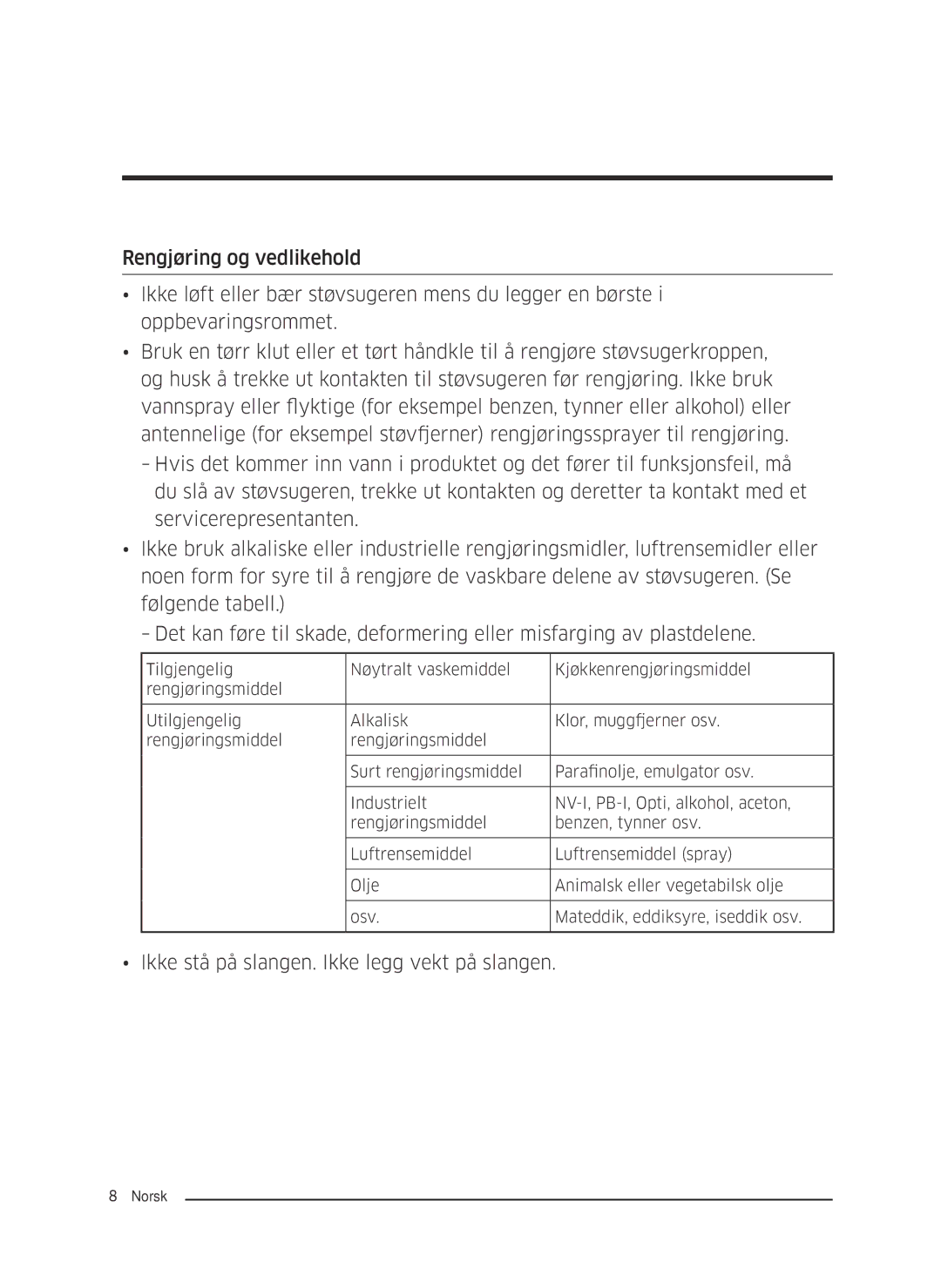 Samsung VC05M25E0WB/EE manual Ikke stå på slangen. Ikke legg vekt på slangen 