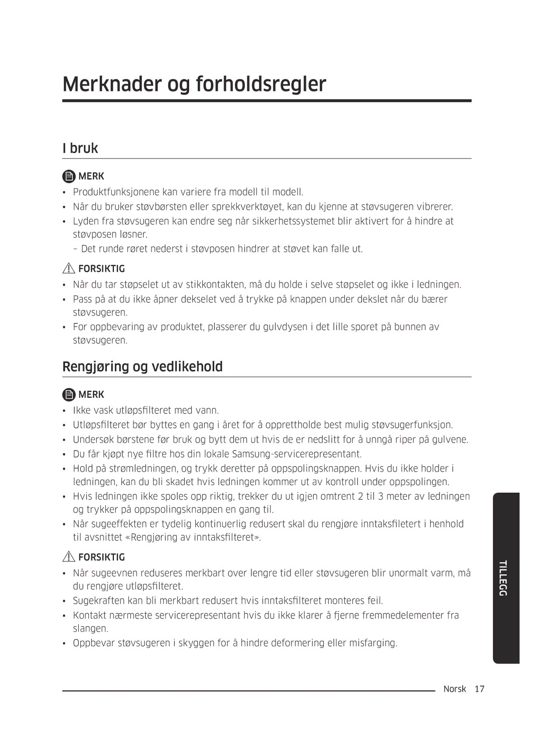 Samsung VC05M25E0WB/EE manual Merknader og forholdsregler, Bruk, Rengjøring og vedlikehold 