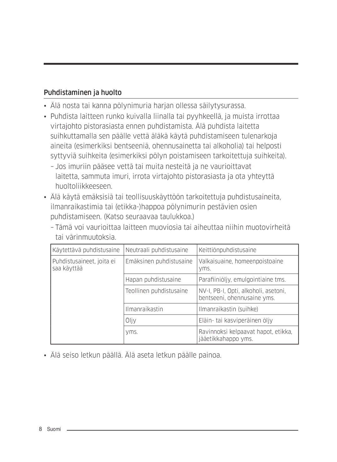 Samsung VC05M25E0WB/EE manual Älä seiso letkun päällä. Älä aseta letkun päälle painoa 