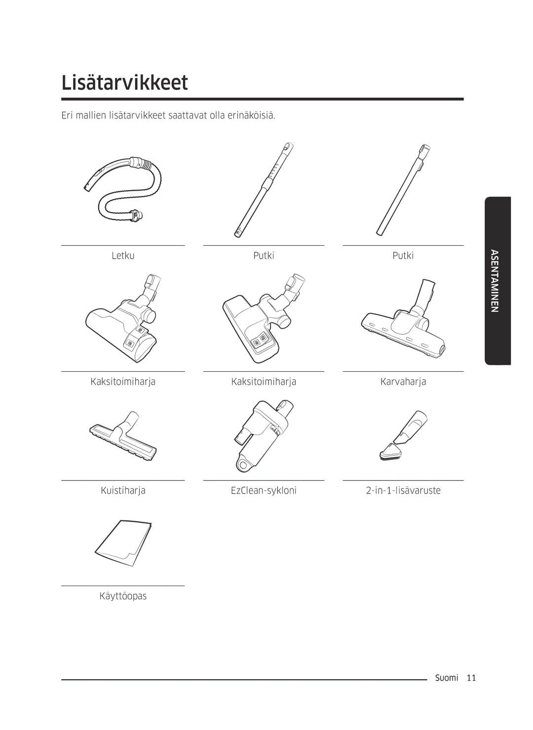 Samsung VC05M25E0WB/EE manual Lisätarvikkeet 