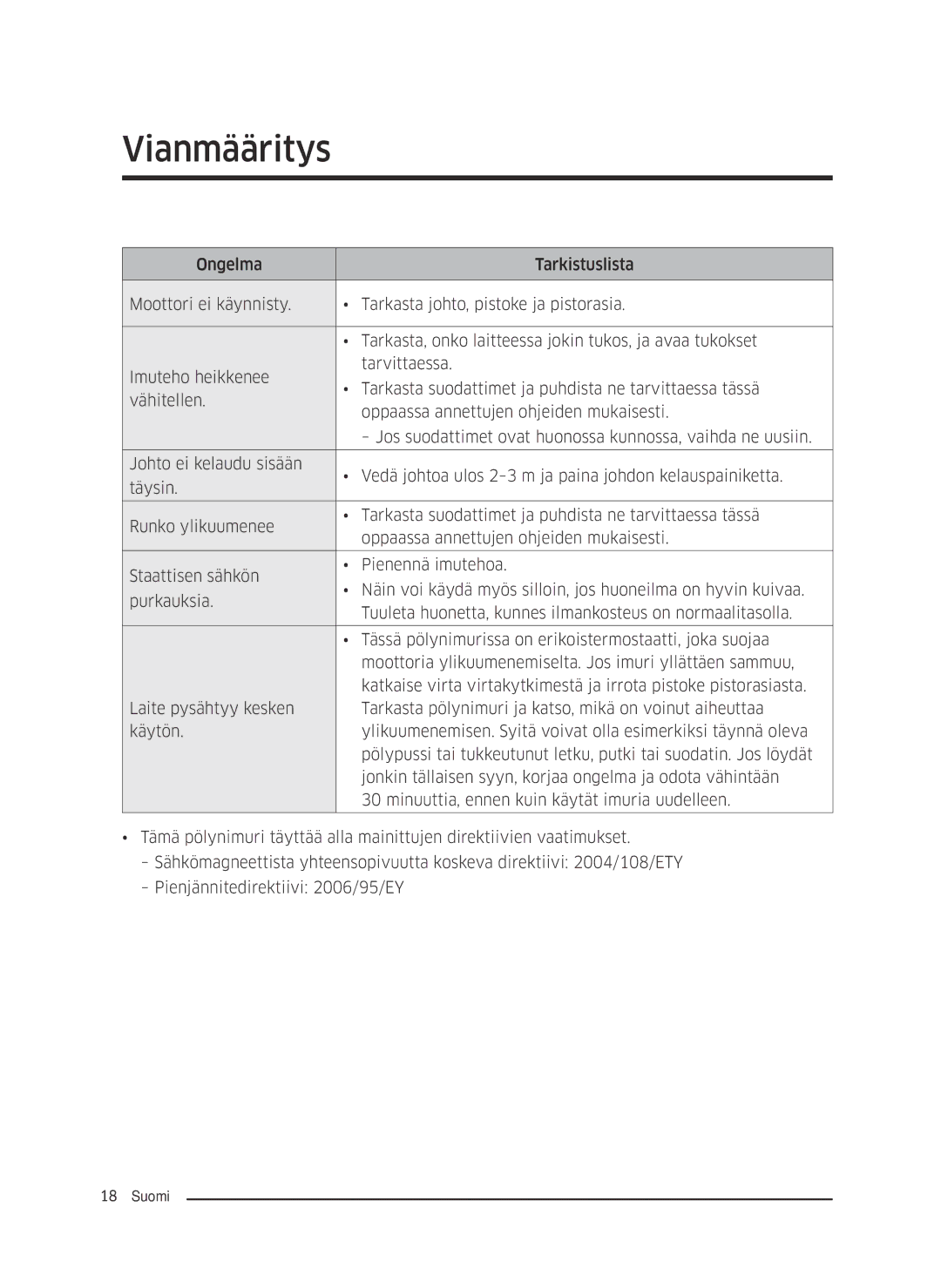 Samsung VC05M25E0WB/EE manual Vianmääritys 