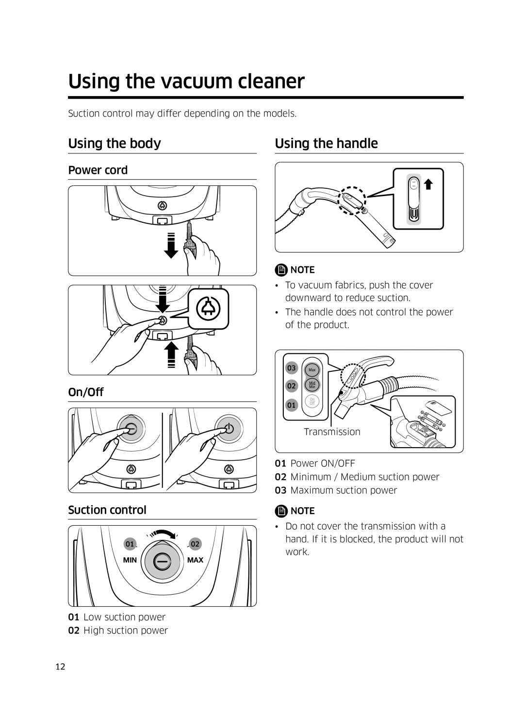 Samsung VC05M3110VB/EE manual Using the vacuum cleaner, Using the body Using the handle, Power cord, On/Off Suction control 