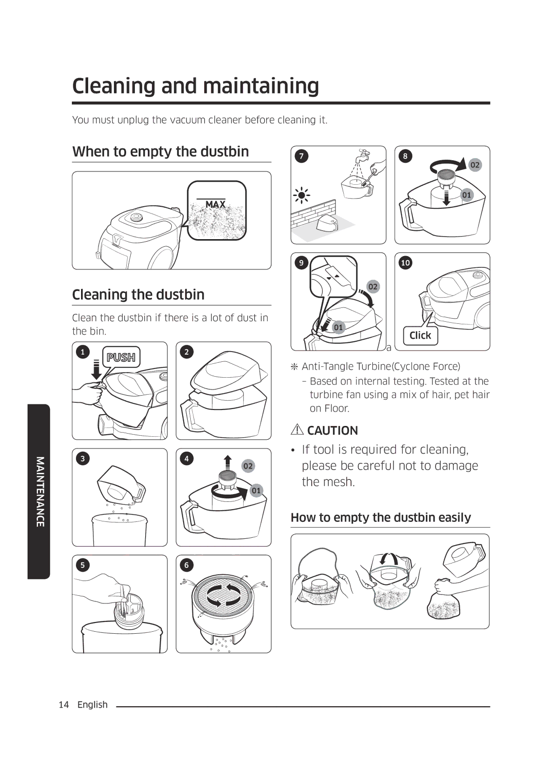 Samsung VC05M3110VB/EE manual Cleaning and maintaining, When to empty the dustbin Cleaning the dustbin 