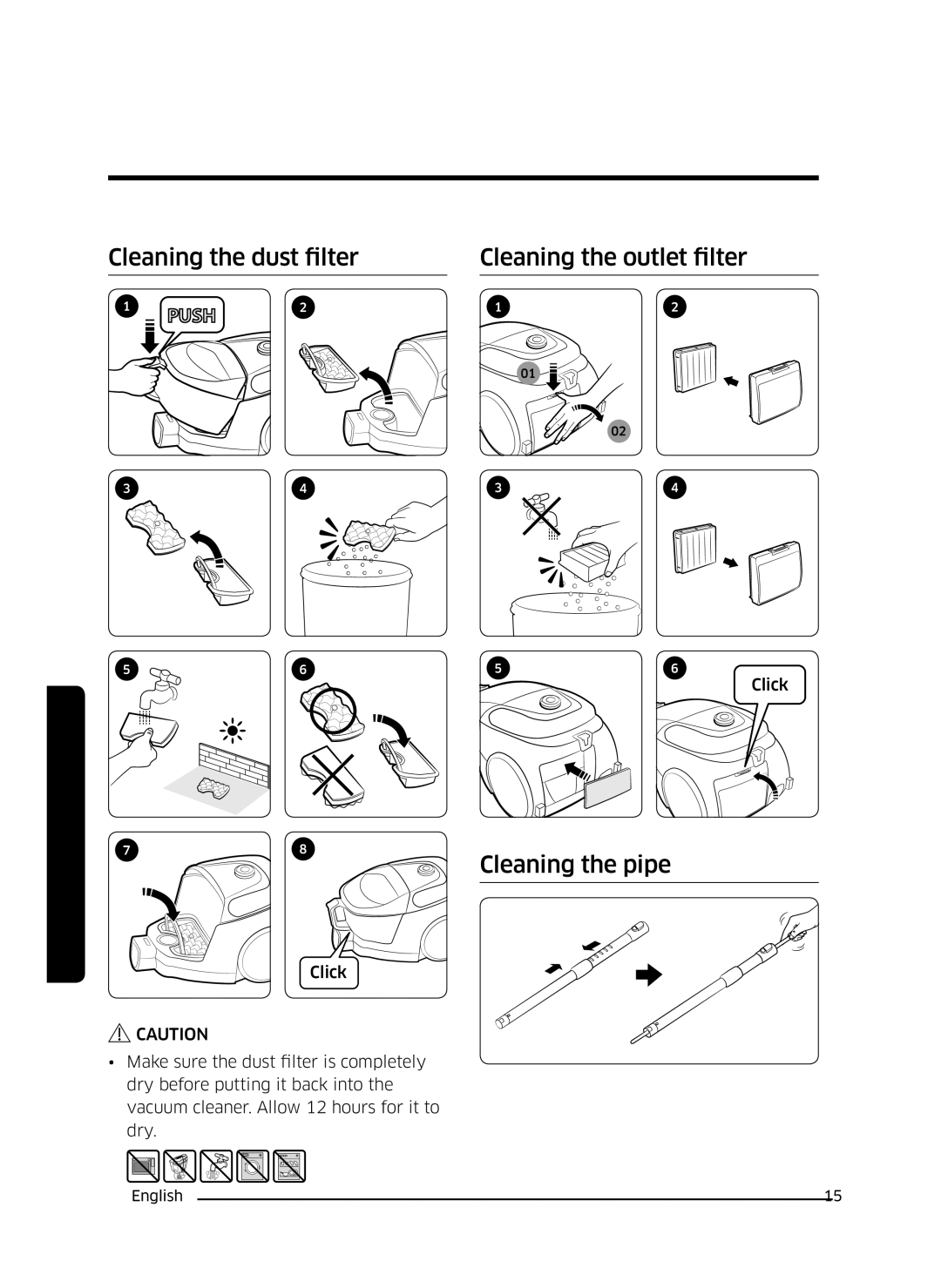 Samsung VC05M3110VB/EE manual Cleaning the dust filter Cleaning the outlet filter, Cleaning the pipe 