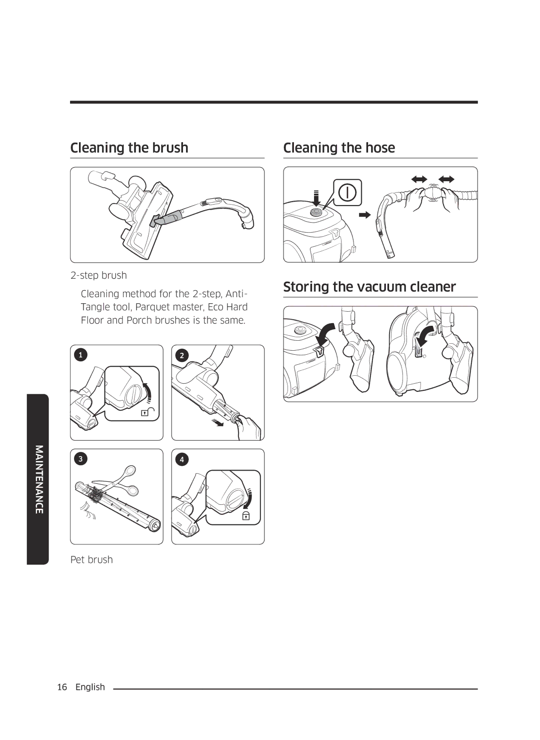 Samsung VC05M3110VB/EE manual Cleaning the brush Cleaning the hose, Storing the vacuum cleaner 