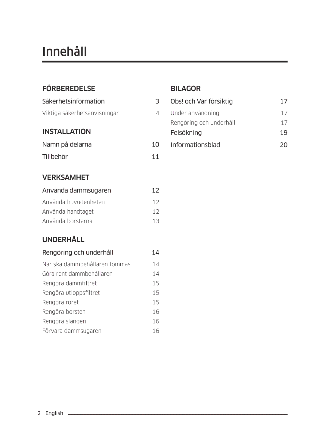 Samsung VC05M3110VB/EE manual Innehåll, Förberedelse Bilagor 