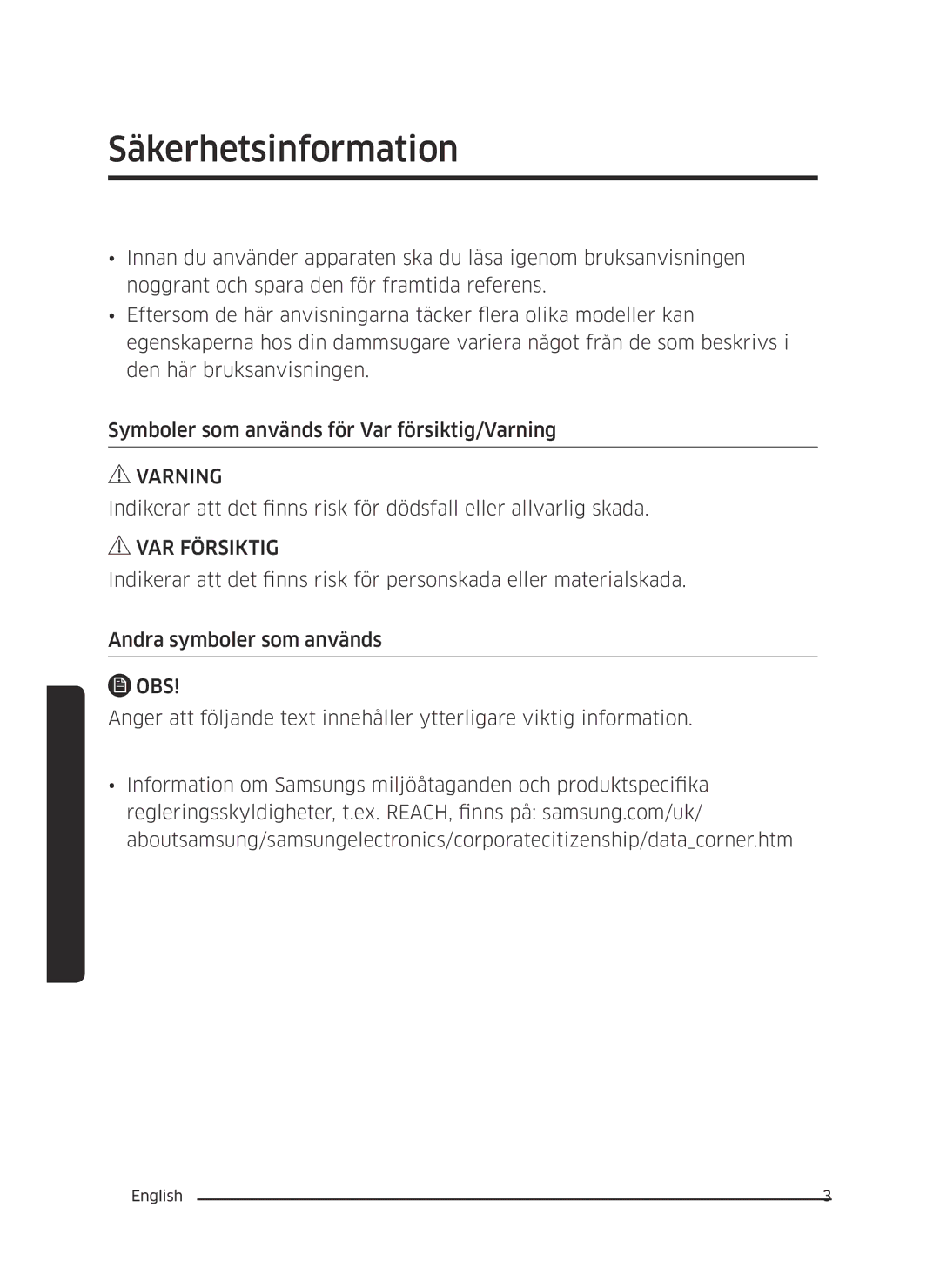 Samsung VC05M3110VB/EE manual Säkerhetsinformation, VAR Försiktig 