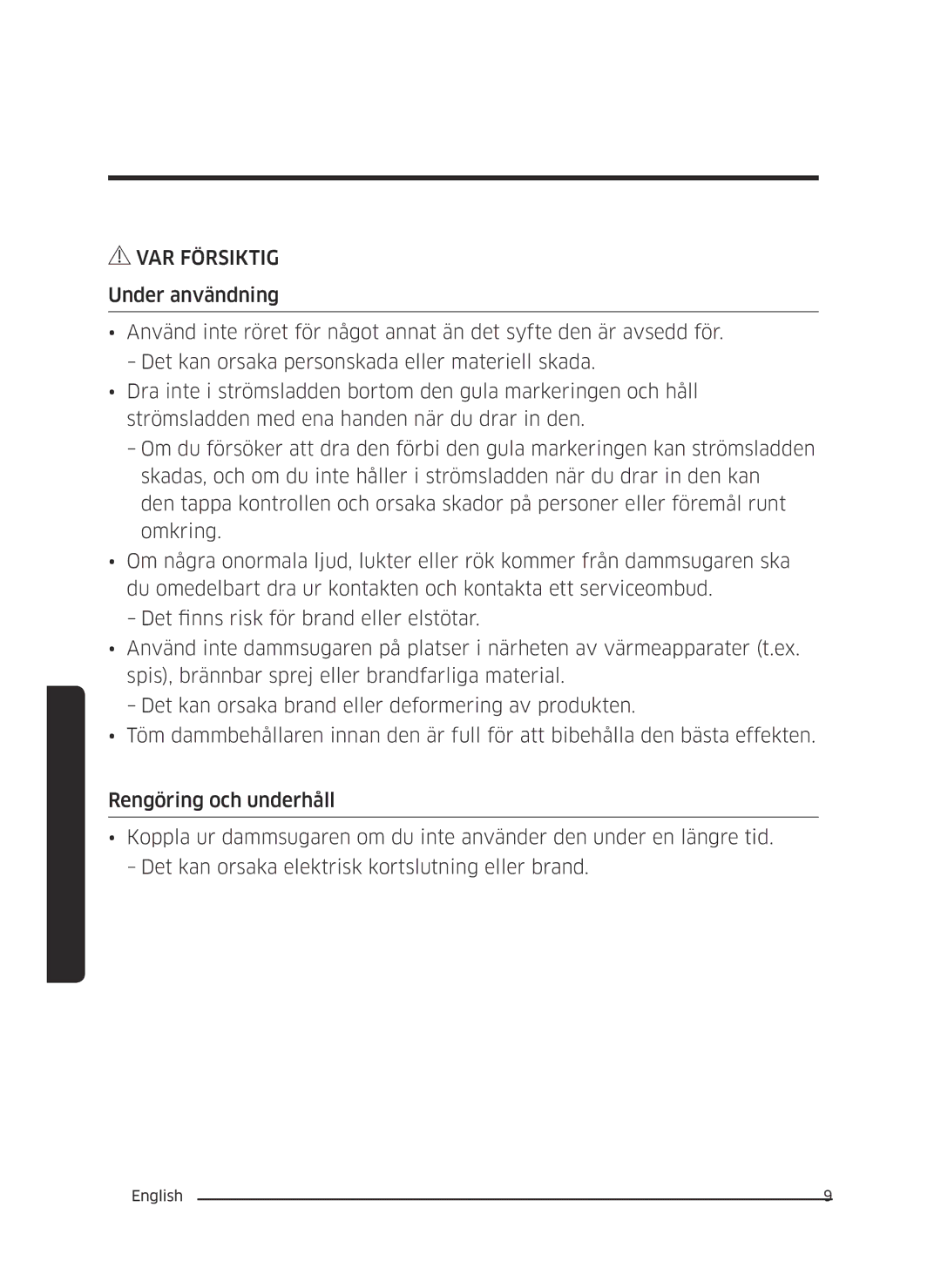 Samsung VC05M3110VB/EE manual VAR Försiktig 