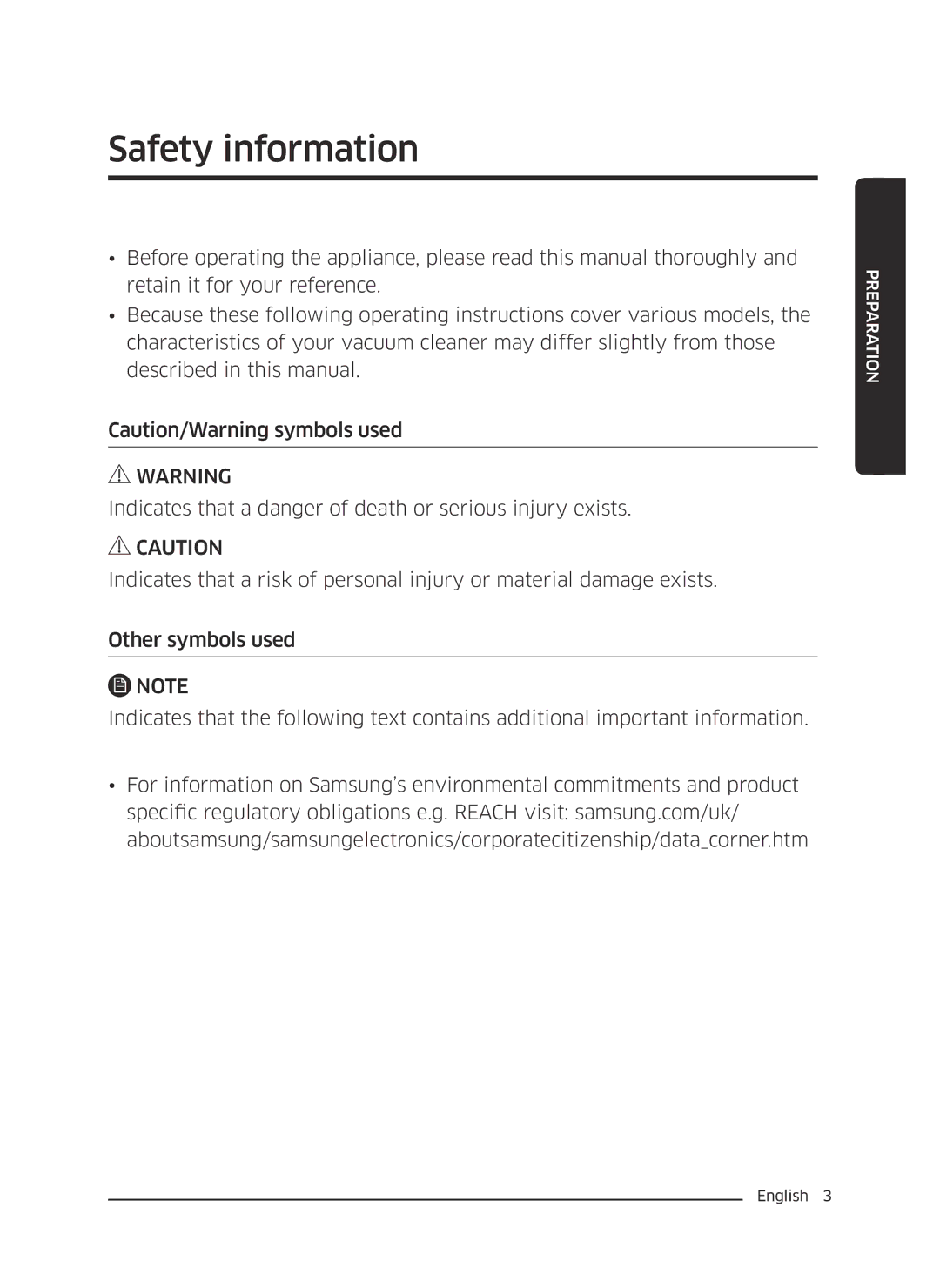 Samsung VC05M3110VB/EE manual Safety information 