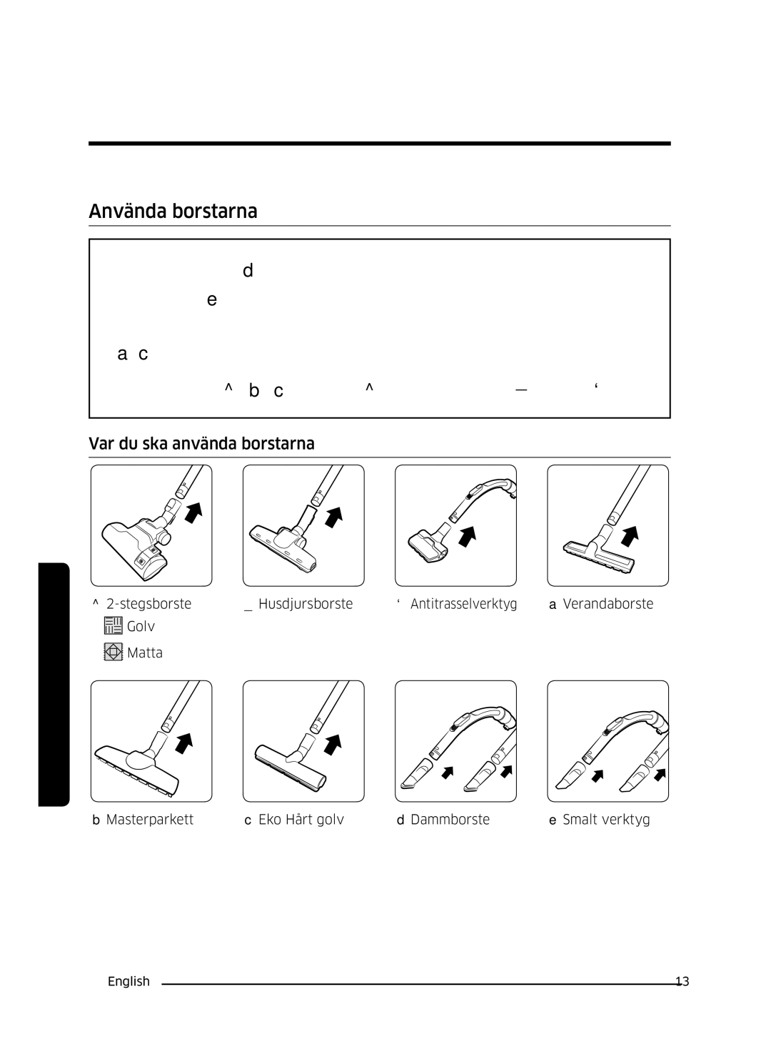 Samsung VC05M3110VB/EE manual Använda borstarna, Var du ska använda borstarna 