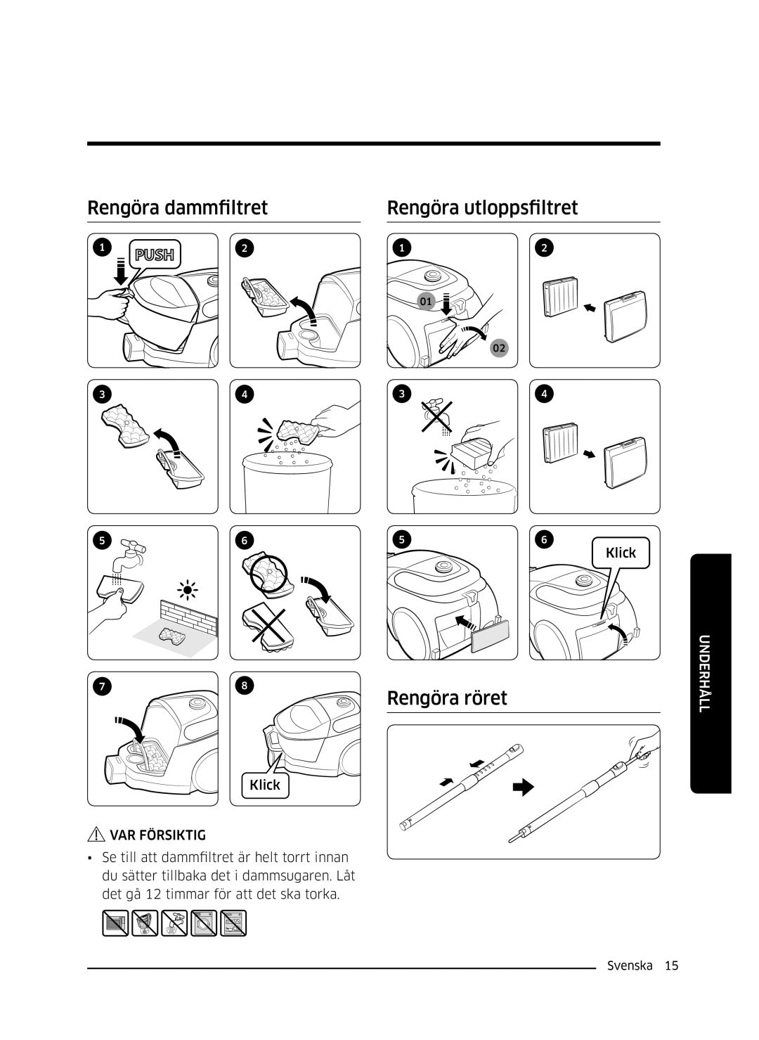 Samsung VC05M3110VB/EE manual Rengöra dammfiltret Rengöra utloppsfiltret, Rengöra röret 