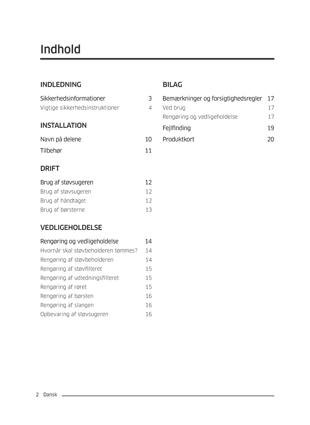 Samsung VC05M3110VB/EE manual Indhold, Indledning Bilag 