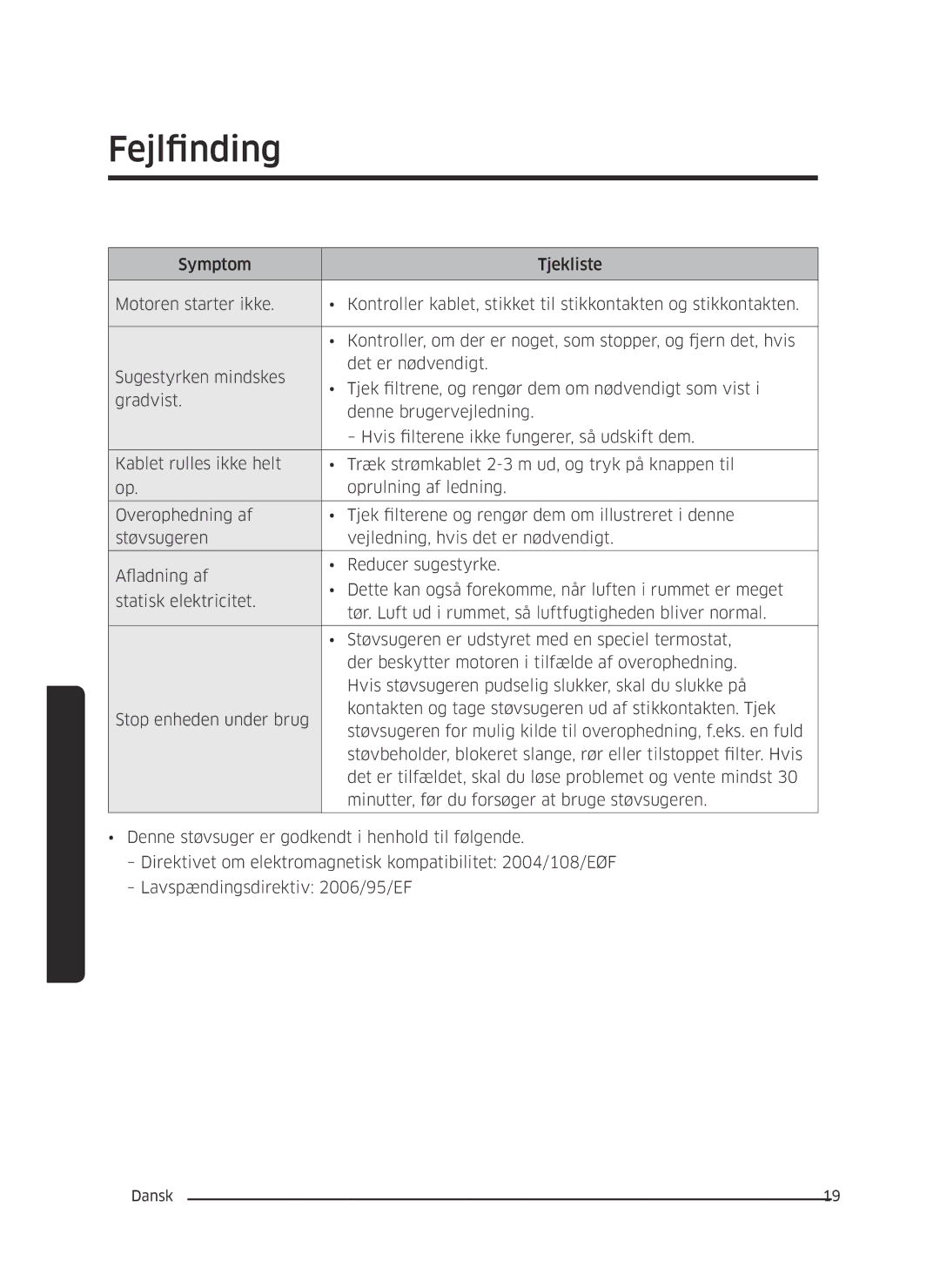 Samsung VC05M3110VB/EE manual Fejlfinding 