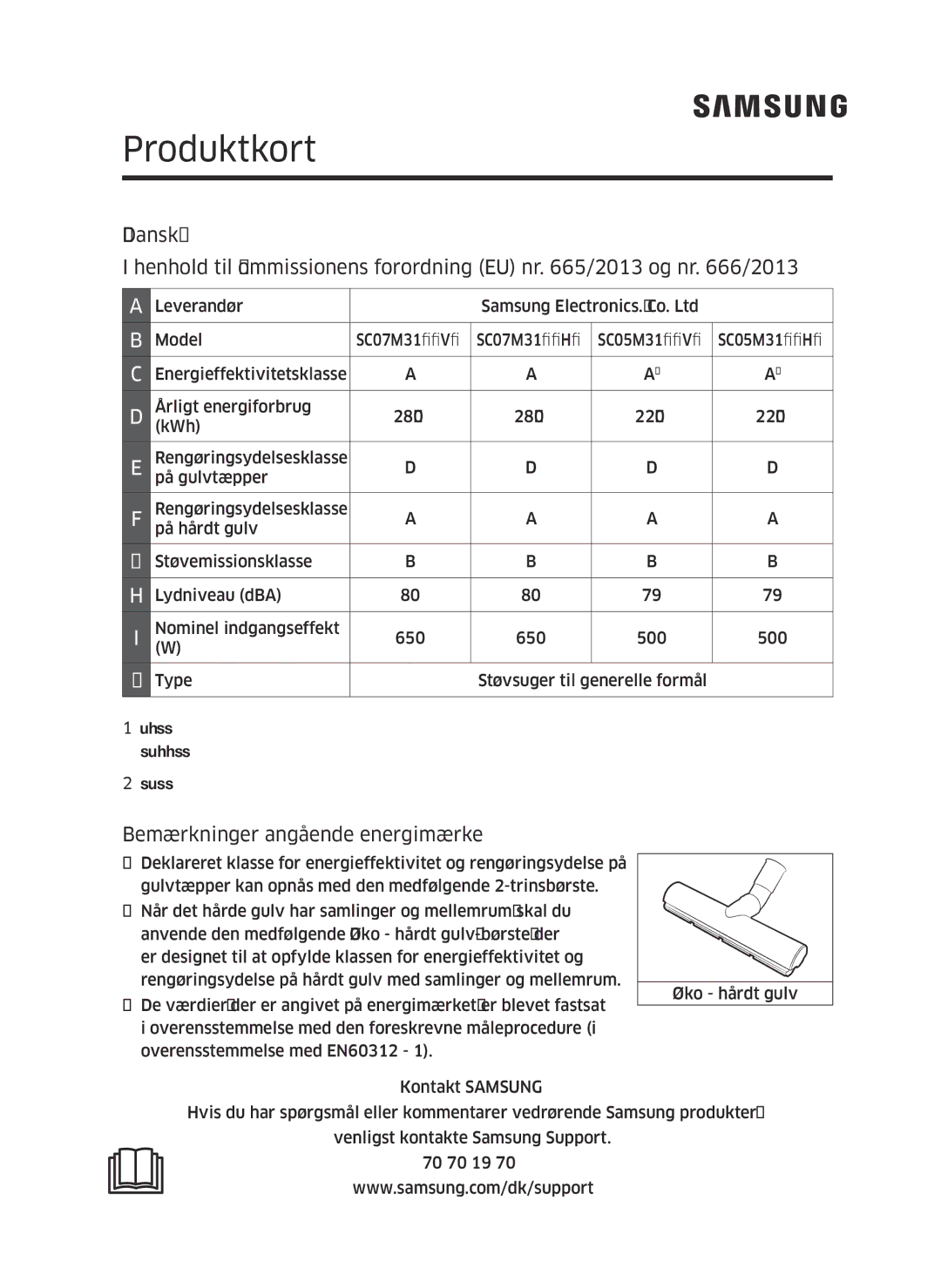 Samsung VC05M3110VB/EE manual Produktkort, Bemærkninger angående energimærke 