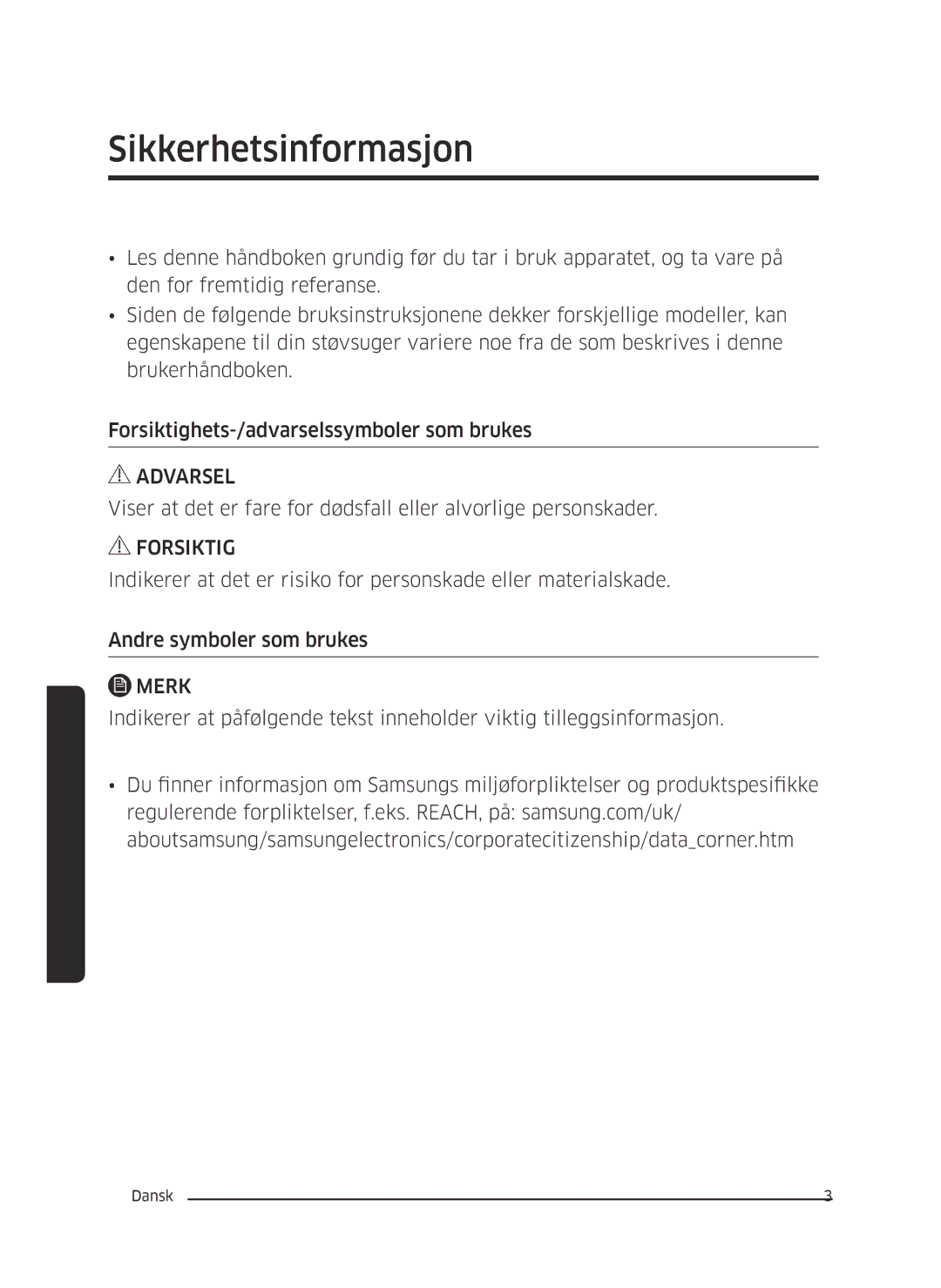 Samsung VC05M3110VB/EE manual Sikkerhetsinformasjon, Merk 