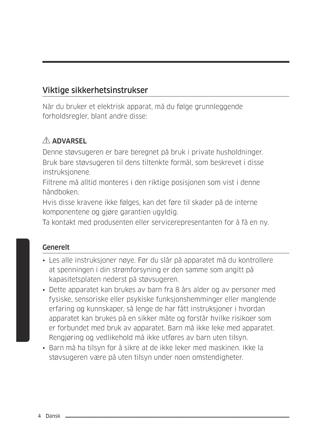 Samsung VC05M3110VB/EE manual Viktige sikkerhetsinstrukser 