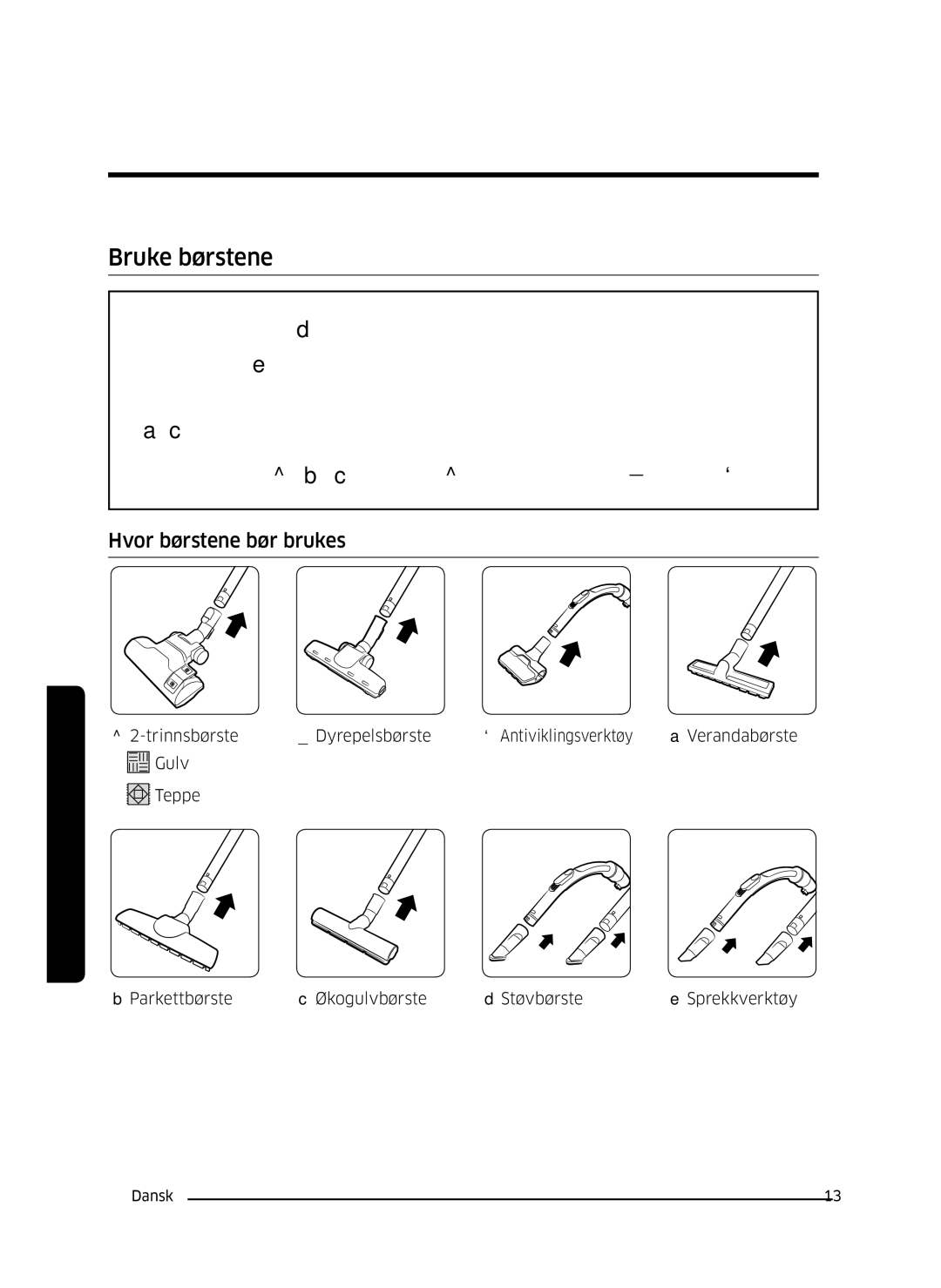 Samsung VC05M3110VB/EE manual Bruke børstene, Hvor børstene bør brukes 