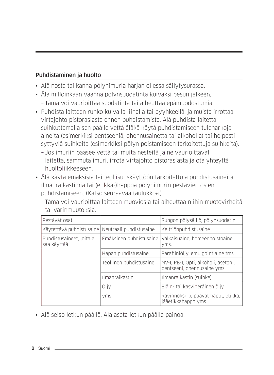 Samsung VC05M3110VB/EE manual Älä seiso letkun päällä. Älä aseta letkun päälle painoa 