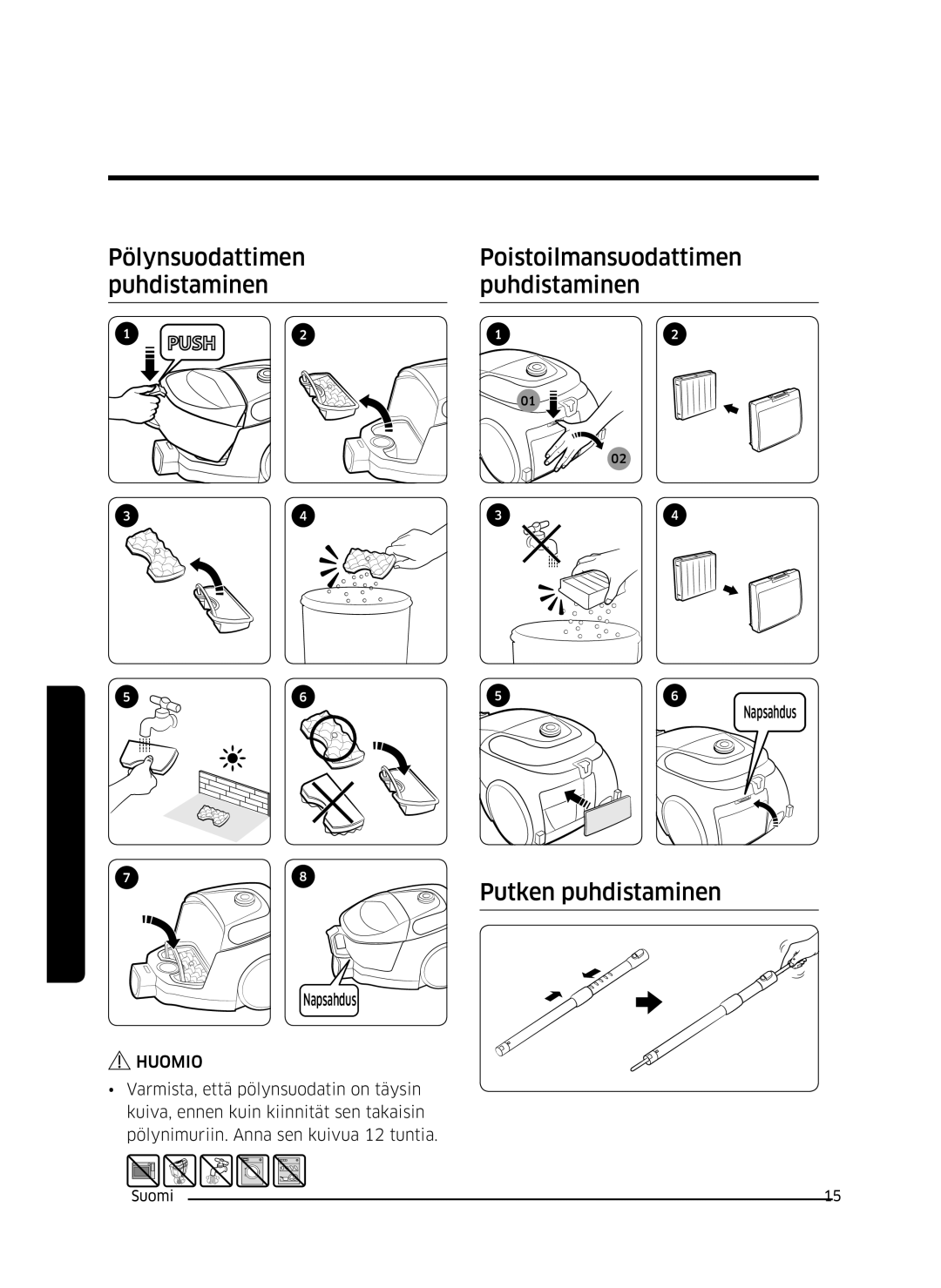 Samsung VC05M3110VB/EE manual Pölynsuodattimen puhdistaminen, Poistoilmansuodattimen puhdistaminen, Putken puhdistaminen 