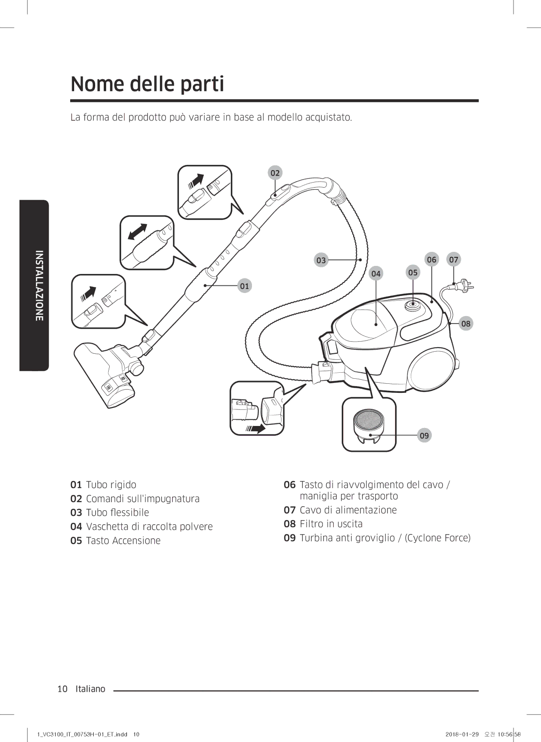 Samsung VC05M31C0HG/ET manual Nome delle parti, Installazione 