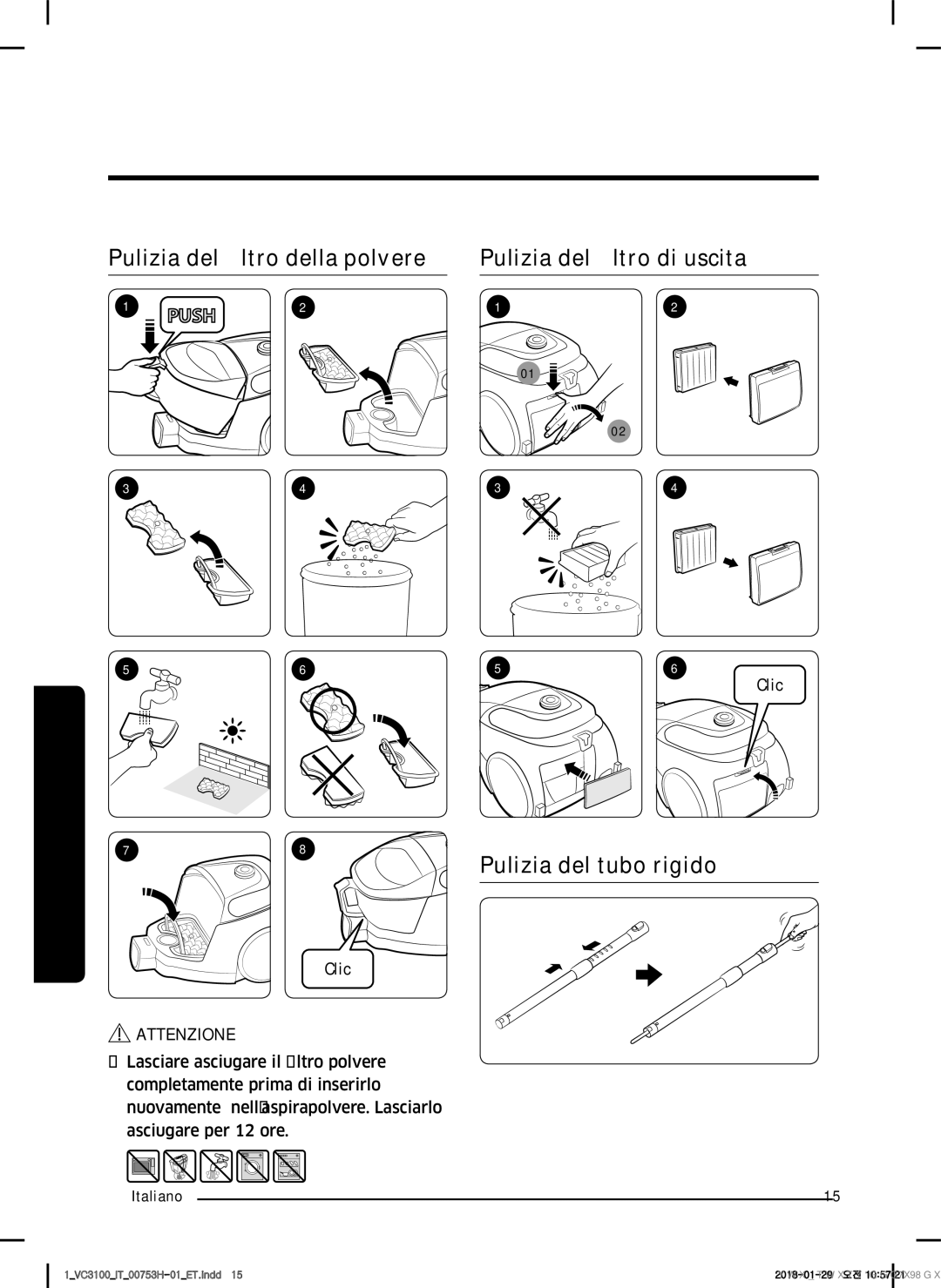 Samsung VC05M31C0HG/ET manual Pulizia del tubo rigido, Attenzione 