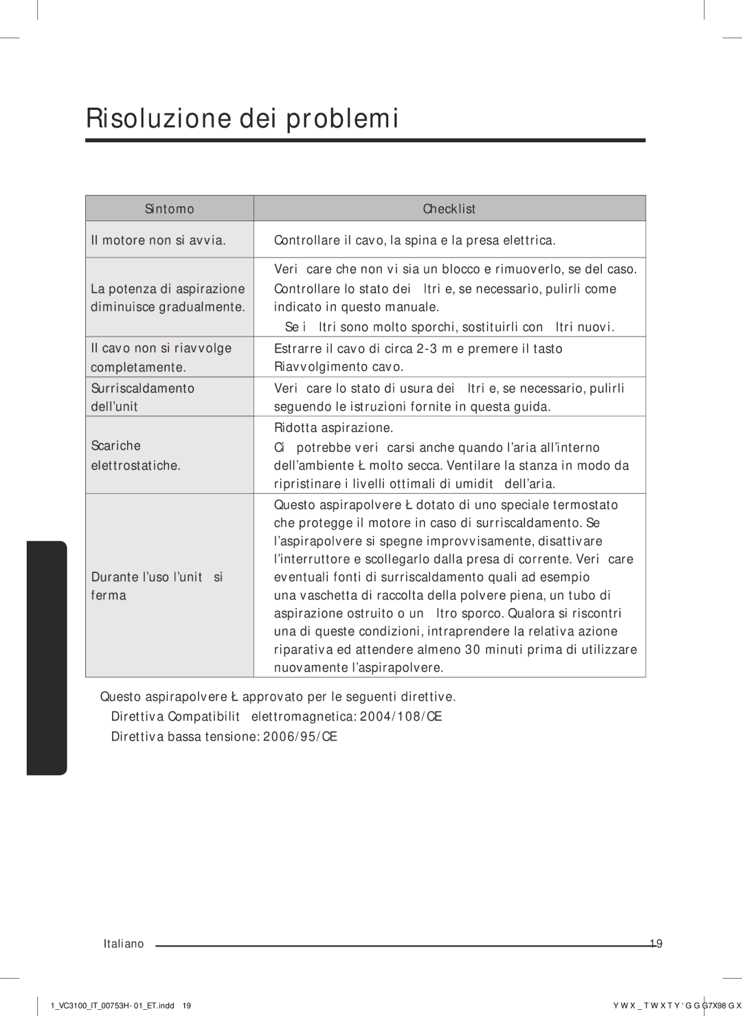 Samsung VC05M31C0HG/ET manual Risoluzione dei problemi 